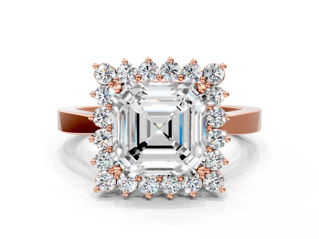 Rose gold Asscher Cut Diamond Halo Ring with Round Brilliant Halo and Solitaire Band_57