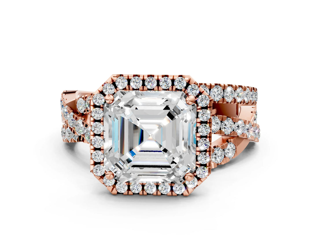 Rose gold Asscher Cut Diamond Halo Ring with Round Split Shank and Prong Setting_60
