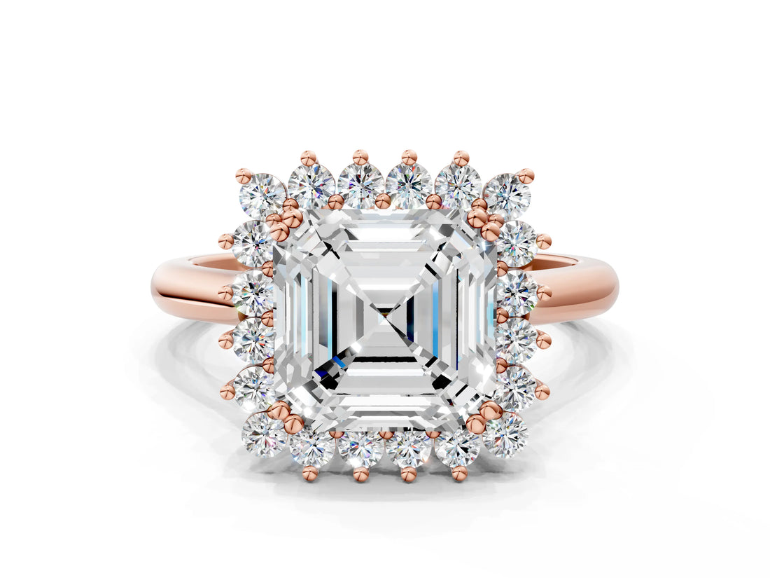 Rose gold Asscher Cut Diamond Halo Ring with Solitaire Band and Prong Setting_72