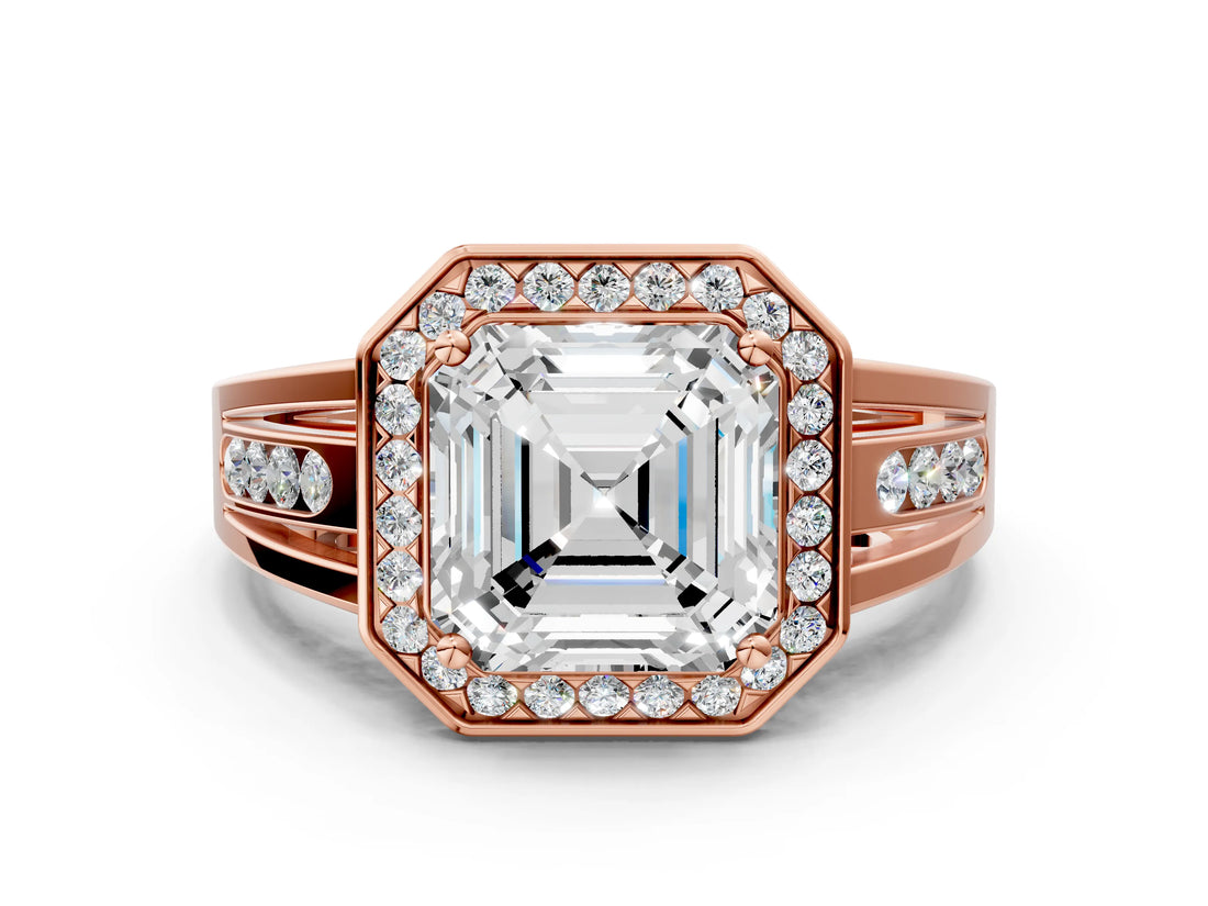Rose gold Asscher Cut Diamond Halo Ring with Split Shank and Bezel Accents and Prong Setting_14