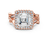 Rose gold Asscher Cut Diamond Halo Ring with Vintage Split Shank and Four-Prong Setting_96