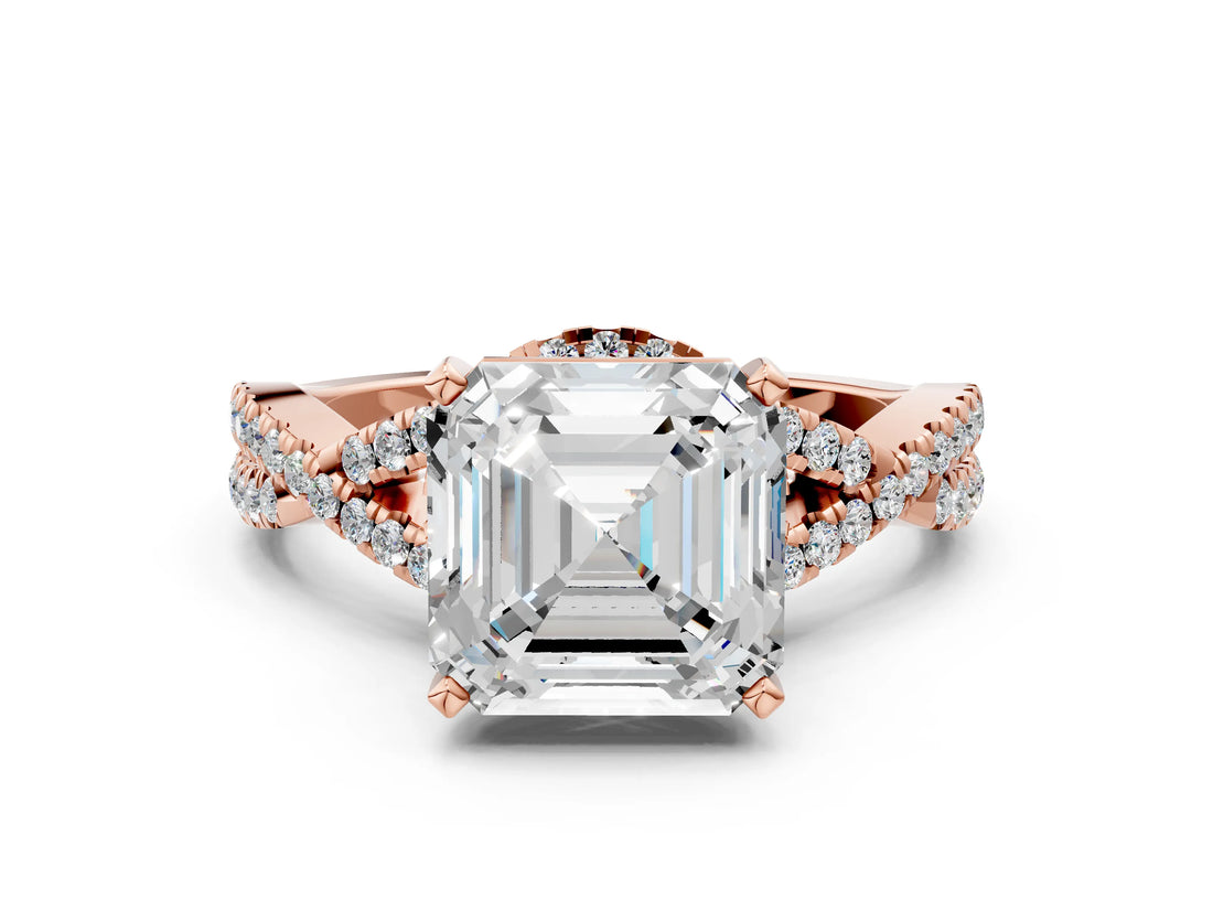 Rose gold Asscher Cut Diamond  Halo Twist Band Solitaire Prong Setting Ring_42