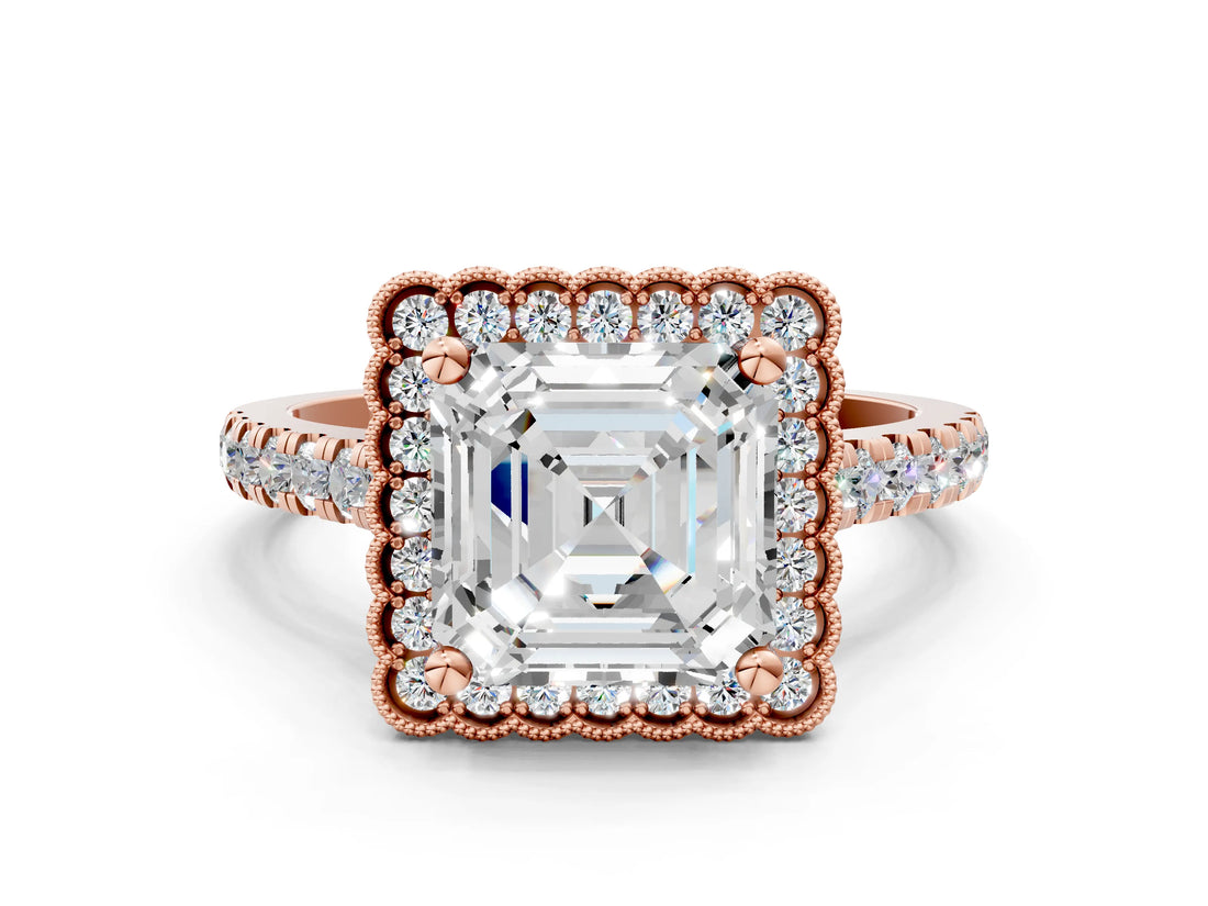 Rose gold Asscher Cut Diamond Milgrain Floral Halo Engagement Ring with Pavé Band_21