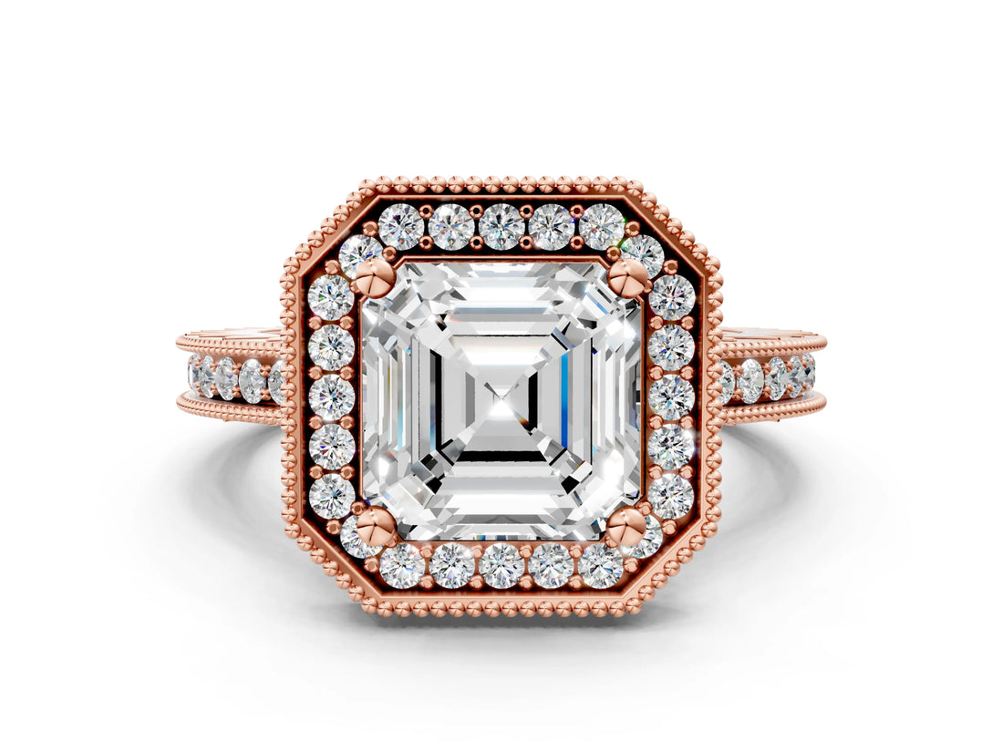 Rose gold Asscher Cut Diamond Milgrain Halo Engagement Ring with Round Pavé Band and Prong Setting_12