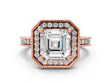 Rose gold Asscher Cut Diamond Milgrain Halo Engagement Ring with Round Pavé Band and Prong Setting_12