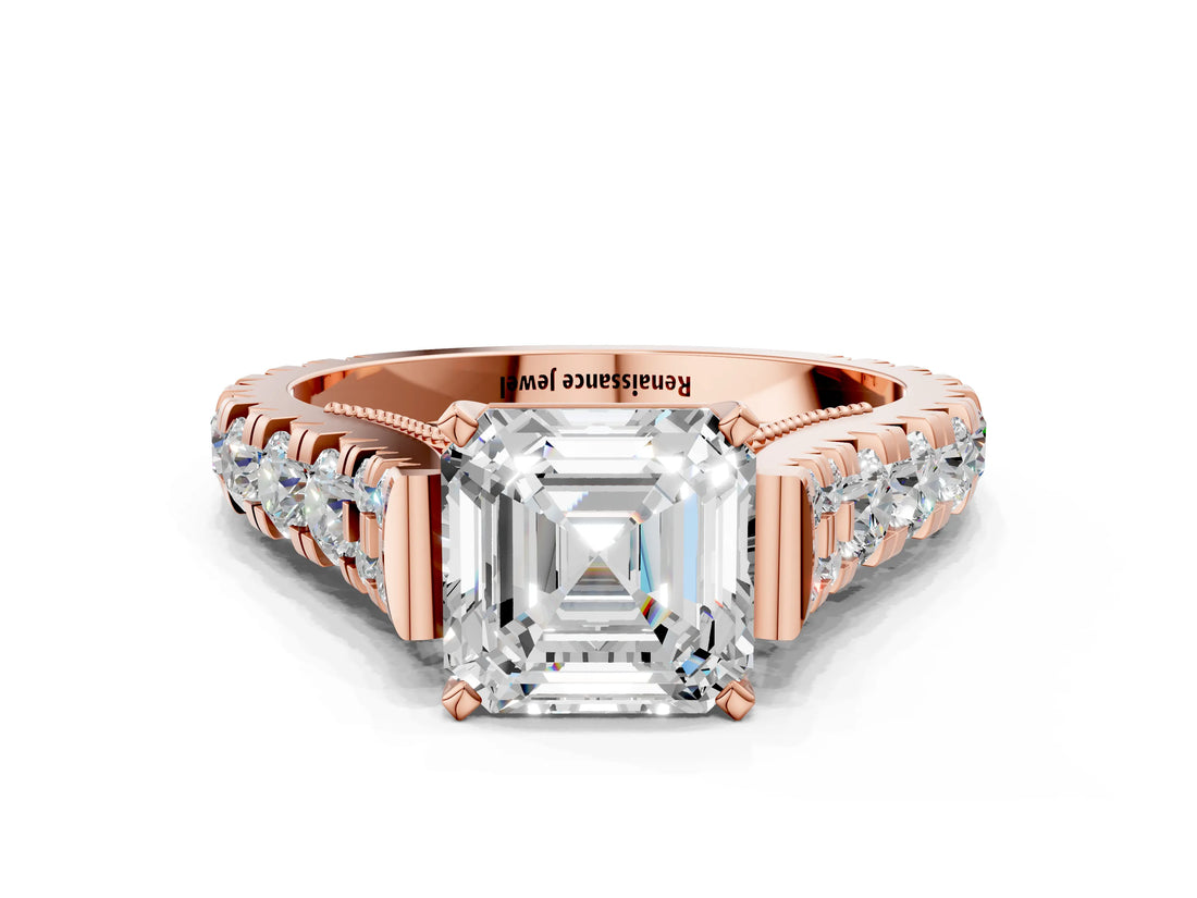 Rose gold Asscher Cut Diamond Pavé Band Solitaire with Four-Prong Setting_23