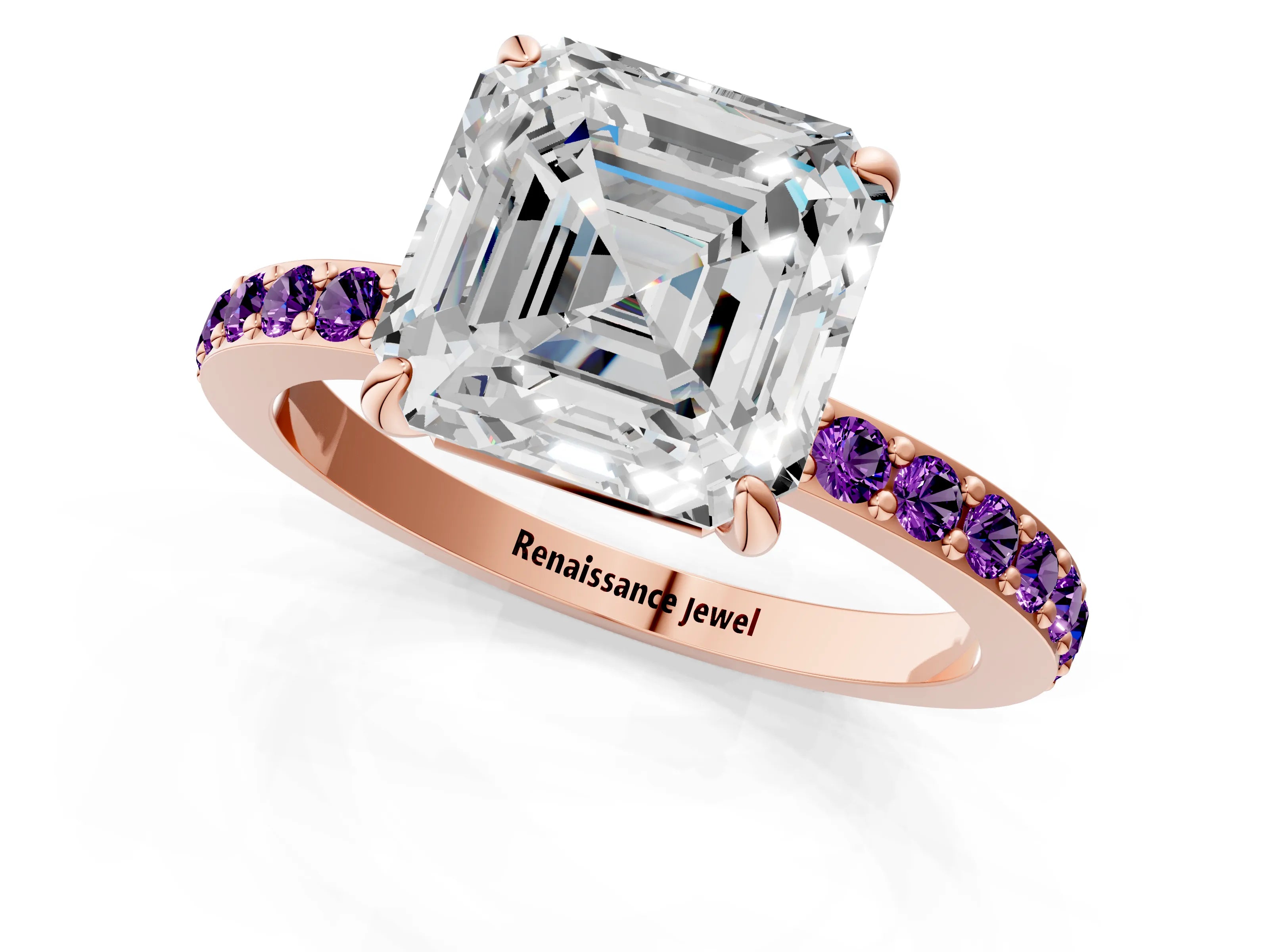 Rose gold Asscher Cut Diamond Pavé Engagement Ring with Round with Amethyst side stone Accents and Prong Setting_1