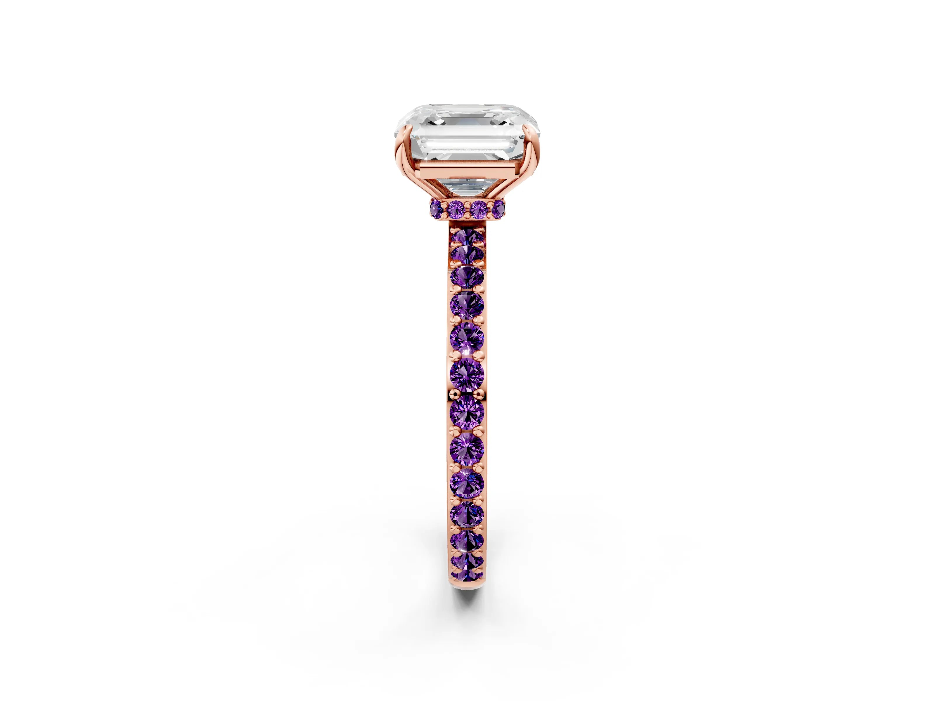 Rose gold Asscher Cut Diamond Pavé Engagement Ring with Round with Amethyst side stone Accents and Prong Setting_2