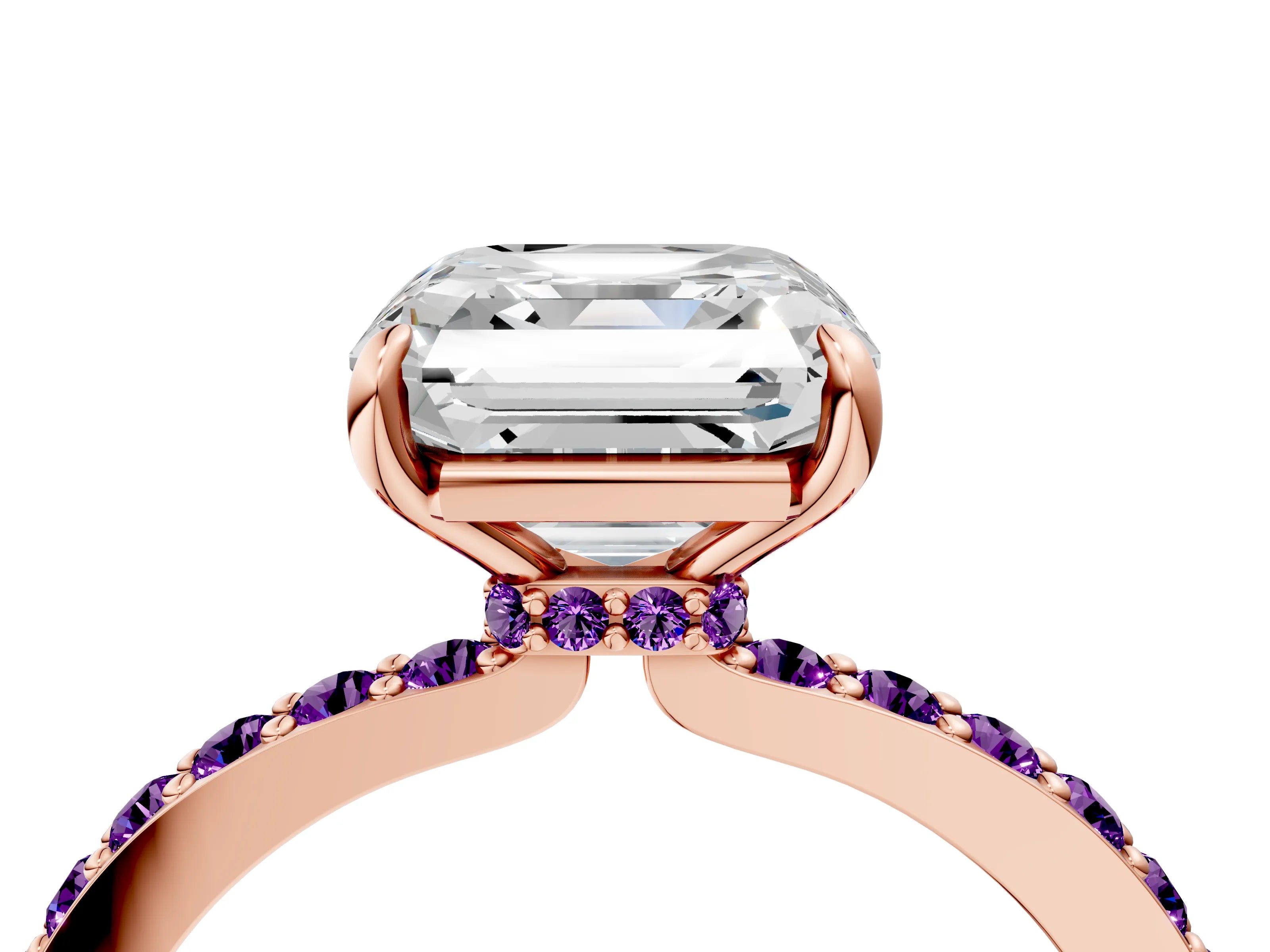 Rose gold Asscher Cut Diamond Pavé Engagement Ring with Round with Amethyst side stone Accents and Prong Setting_4