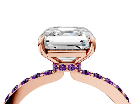 Rose gold Asscher Cut Diamond Pavé Engagement Ring with Round with Amethyst side stone Accents and Prong Setting_4