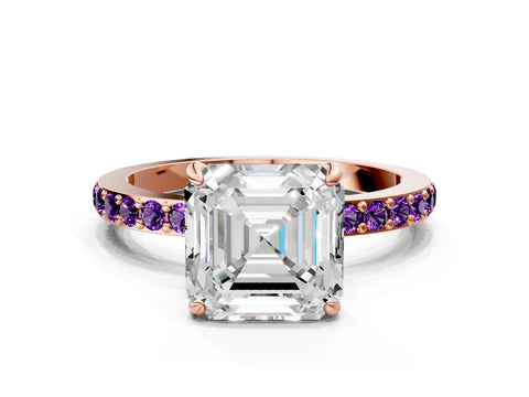 Rose gold Asscher Cut Diamond Pavé Engagement Ring with Round with Amethyst side stone Accents and Prong Setting