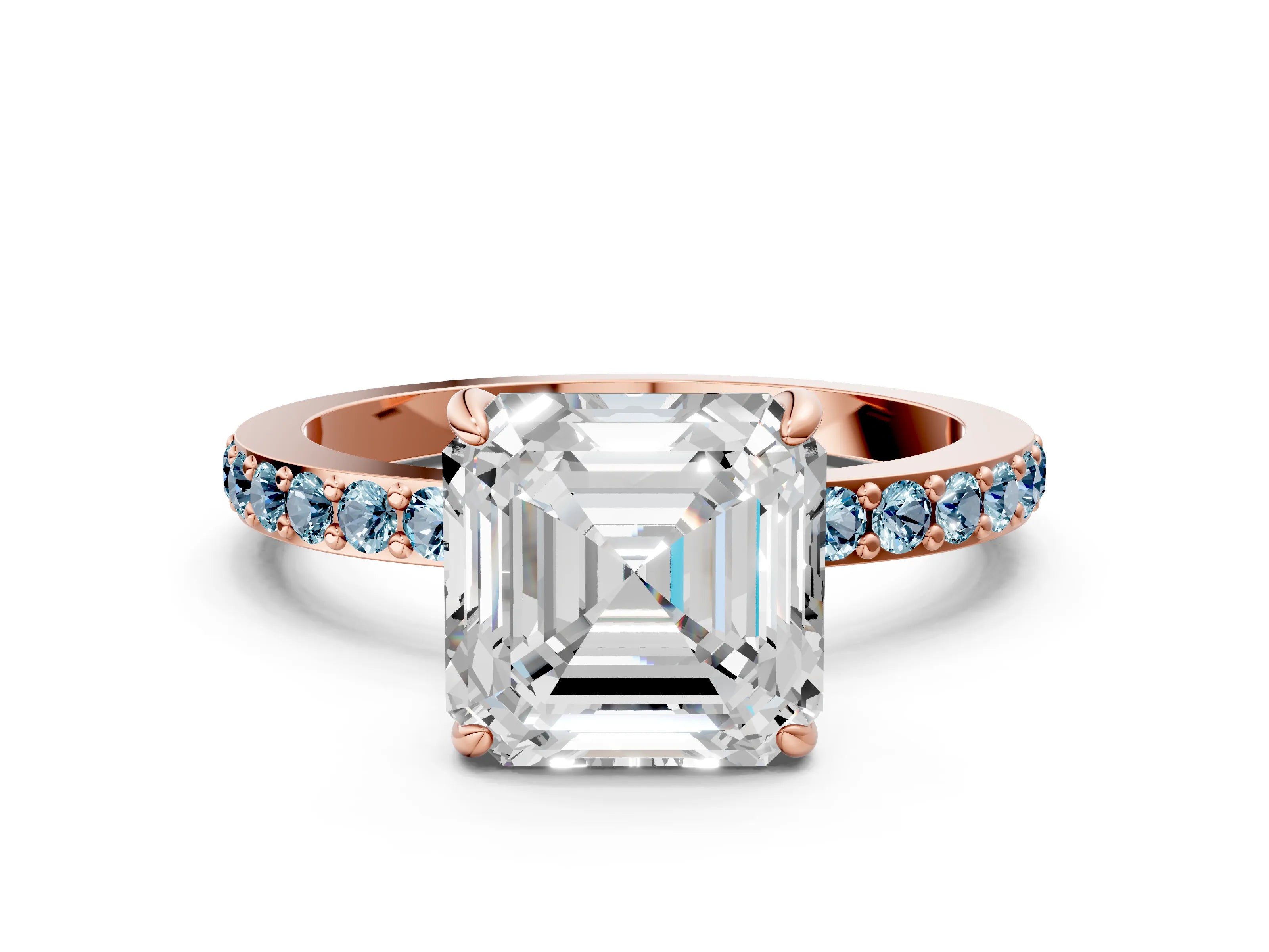 Rose gold Asscher Cut Diamond Pavé Engagement Ring with Round with Aquamarine side stone Accents and Prong Setting