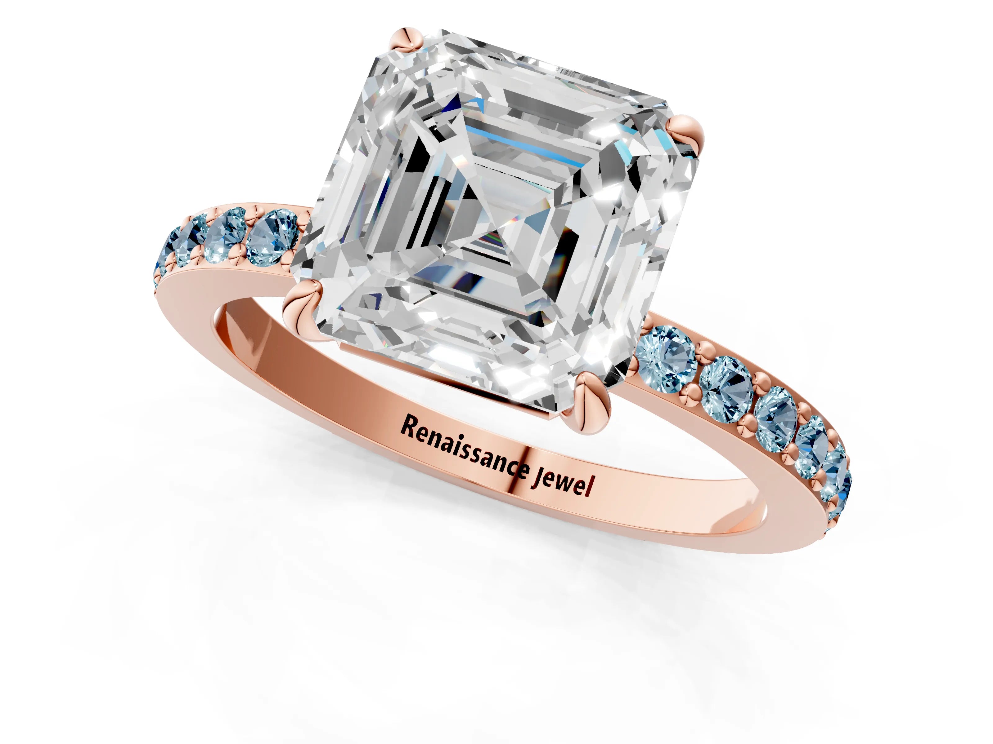 Rose gold Asscher Cut Diamond Pavé Engagement Ring with Round with Aquamarine side stone Accents and Prong Setting_1