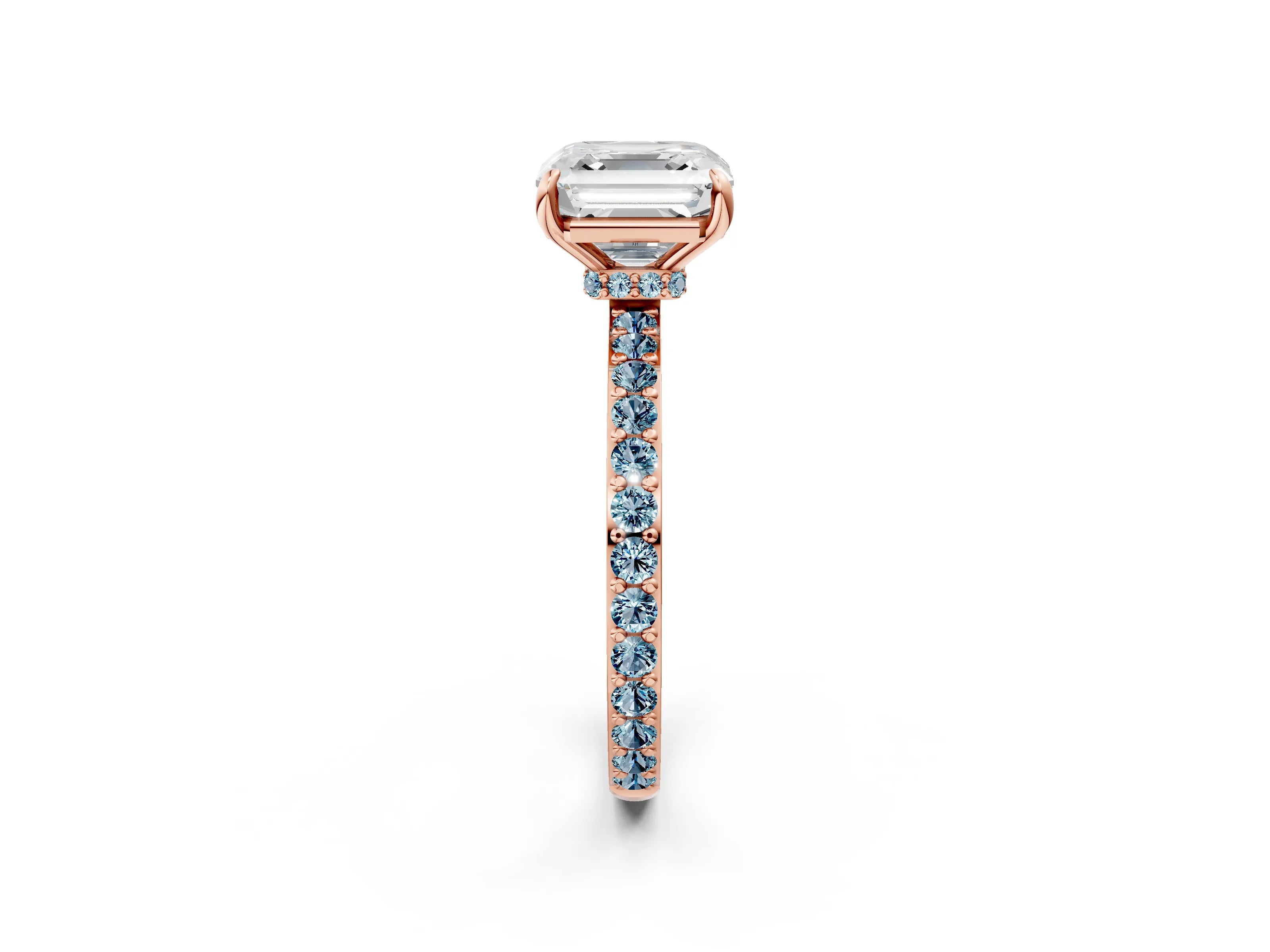 Rose gold Asscher Cut Diamond Pavé Engagement Ring with Round with Aquamarine side stone Accents and Prong Setting_2