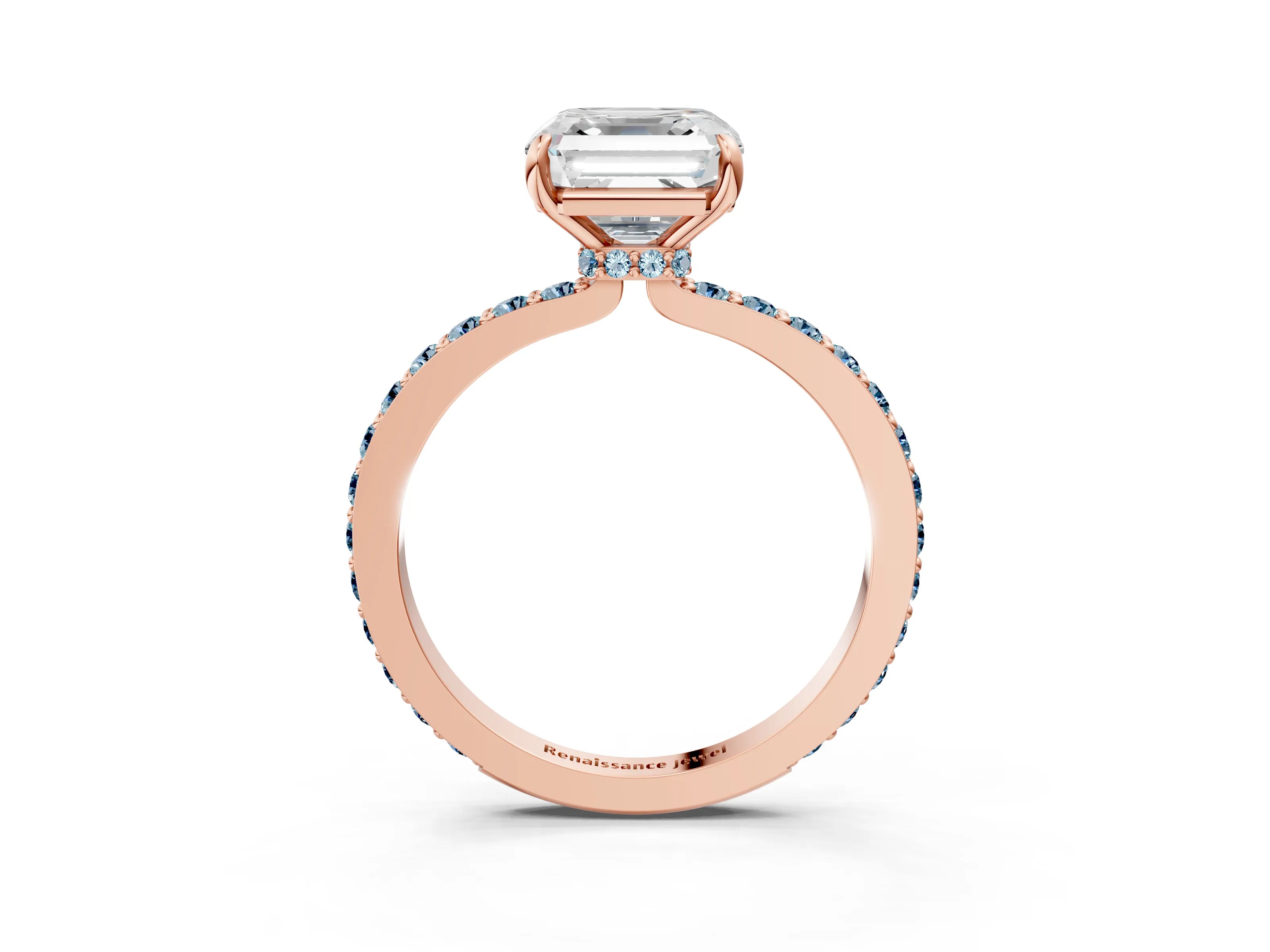 Rose gold Asscher Cut Diamond Pavé Engagement Ring with Round with Aquamarine side stone Accents and Prong Setting_3