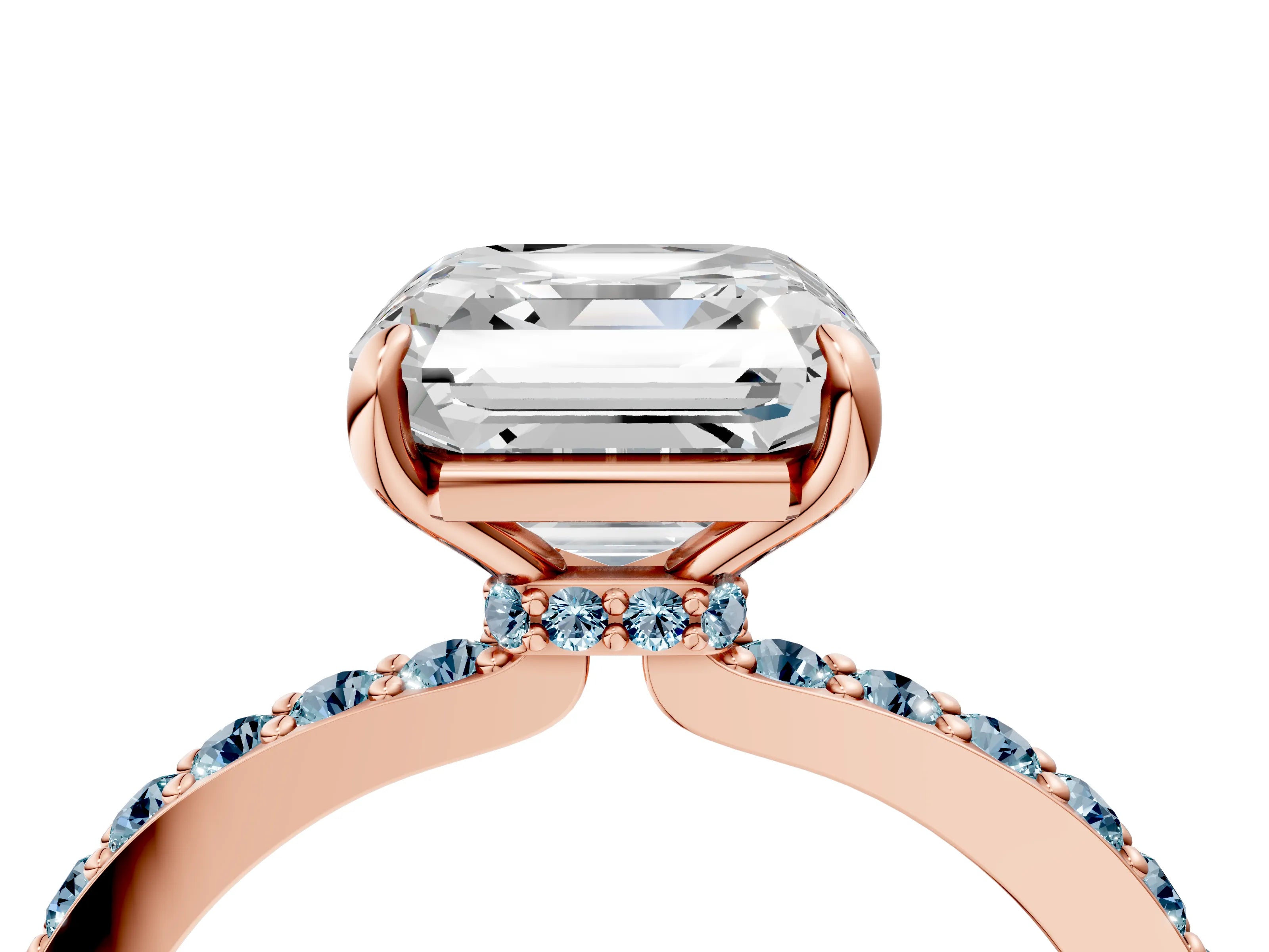 Rose gold Asscher Cut Diamond Pavé Engagement Ring with Round with Aquamarine side stone Accents and Prong Setting_4