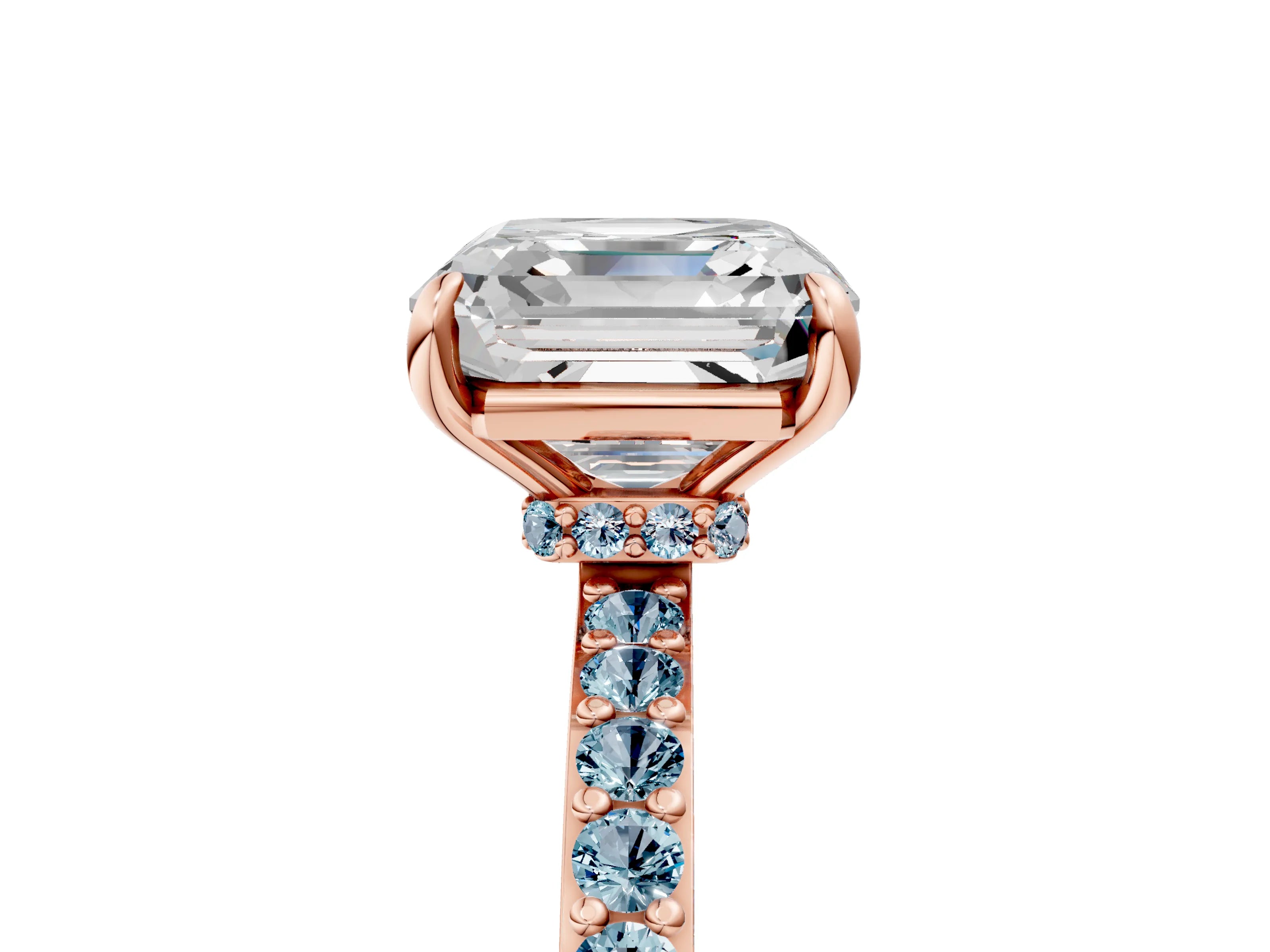 Rose gold Asscher Cut Diamond Pavé Engagement Ring with Round with Aquamarine side stone Accents and Prong Setting_5