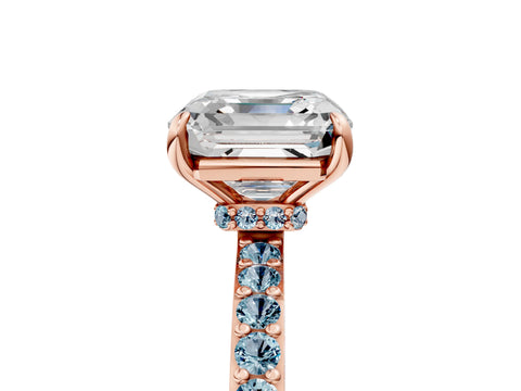 Rose gold Asscher Cut Diamond Pavé Engagement Ring with Round with Aquamarine side stone Accents and Prong Setting_5