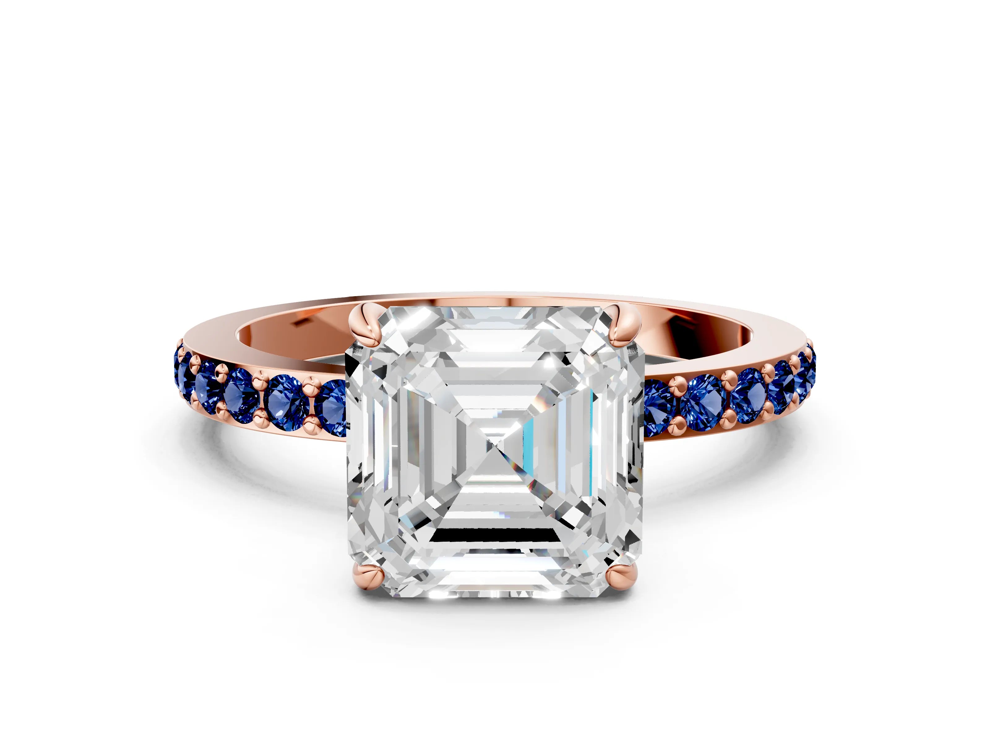 Rose gold Asscher Cut Diamond Pavé Engagement Ring with Round with Blue Sapphire side stone Accents and Prong Setting