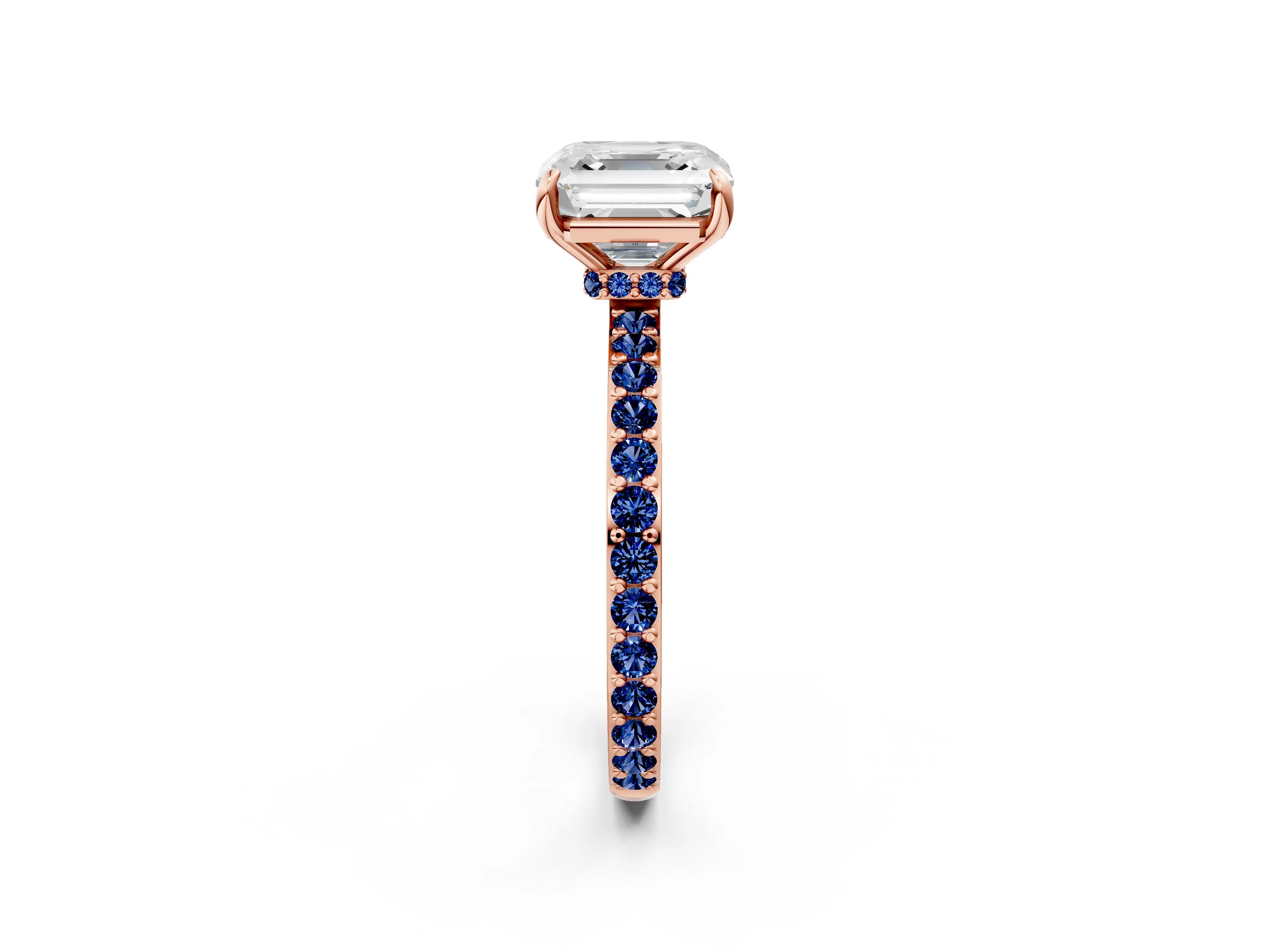 Rose gold Asscher Cut Diamond Pavé Engagement Ring with Round with Blue Sapphire side stone Accents and Prong Setting_2