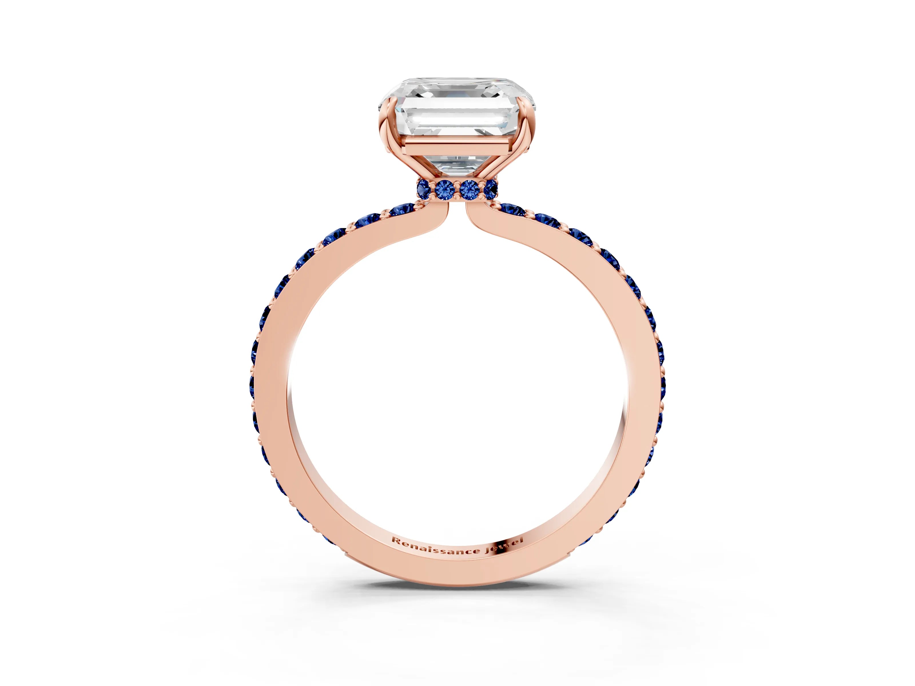 Rose gold Asscher Cut Diamond Pavé Engagement Ring with Round with Blue Sapphire side stone Accents and Prong Setting_3