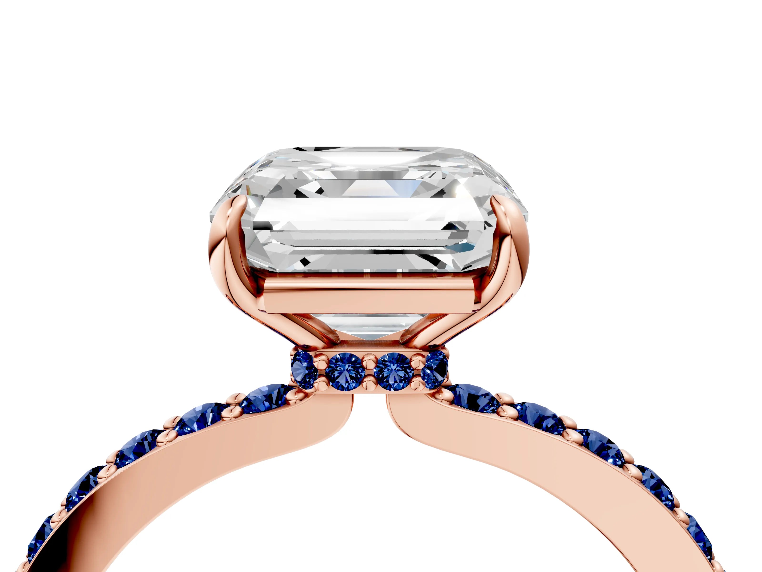 Rose gold Asscher Cut Diamond Pavé Engagement Ring with Round with Blue Sapphire side stone Accents and Prong Setting_4