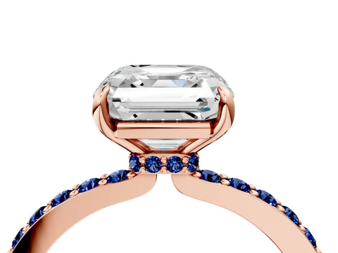 Rose gold Asscher Cut Diamond Pavé Engagement Ring with Round with Blue Sapphire side stone Accents and Prong Setting_4