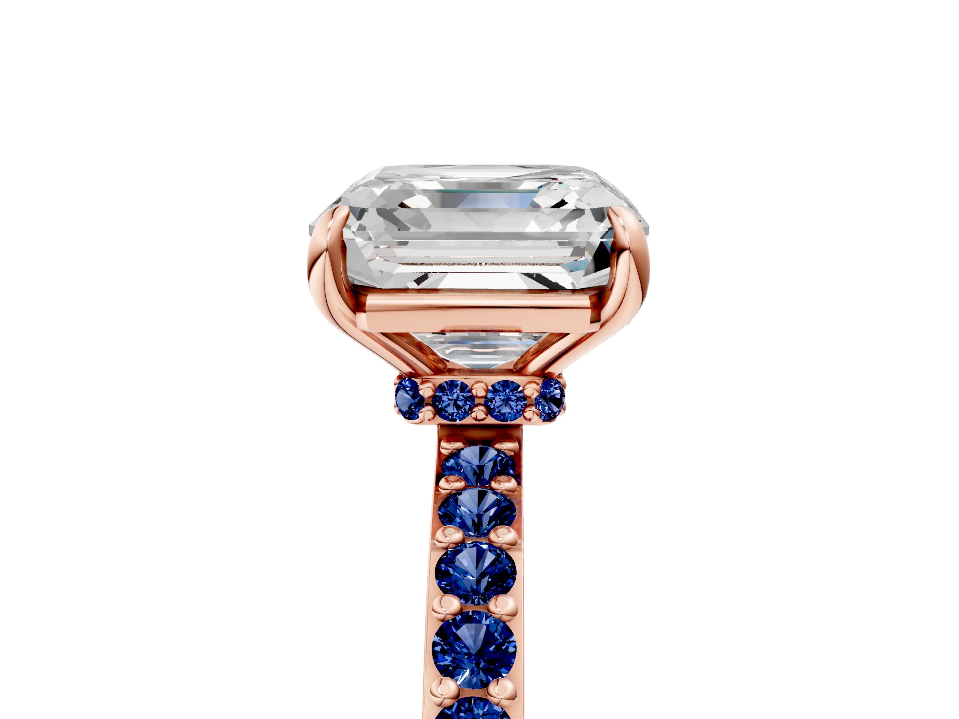 Rose gold Asscher Cut Diamond Pavé Engagement Ring with Round with Blue Sapphire side stone Accents and Prong Setting_5