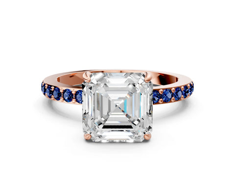 Rose gold Asscher Cut Diamond Pavé Engagement Ring with Round with Blue Sapphire side stone Accents and Prong Setting