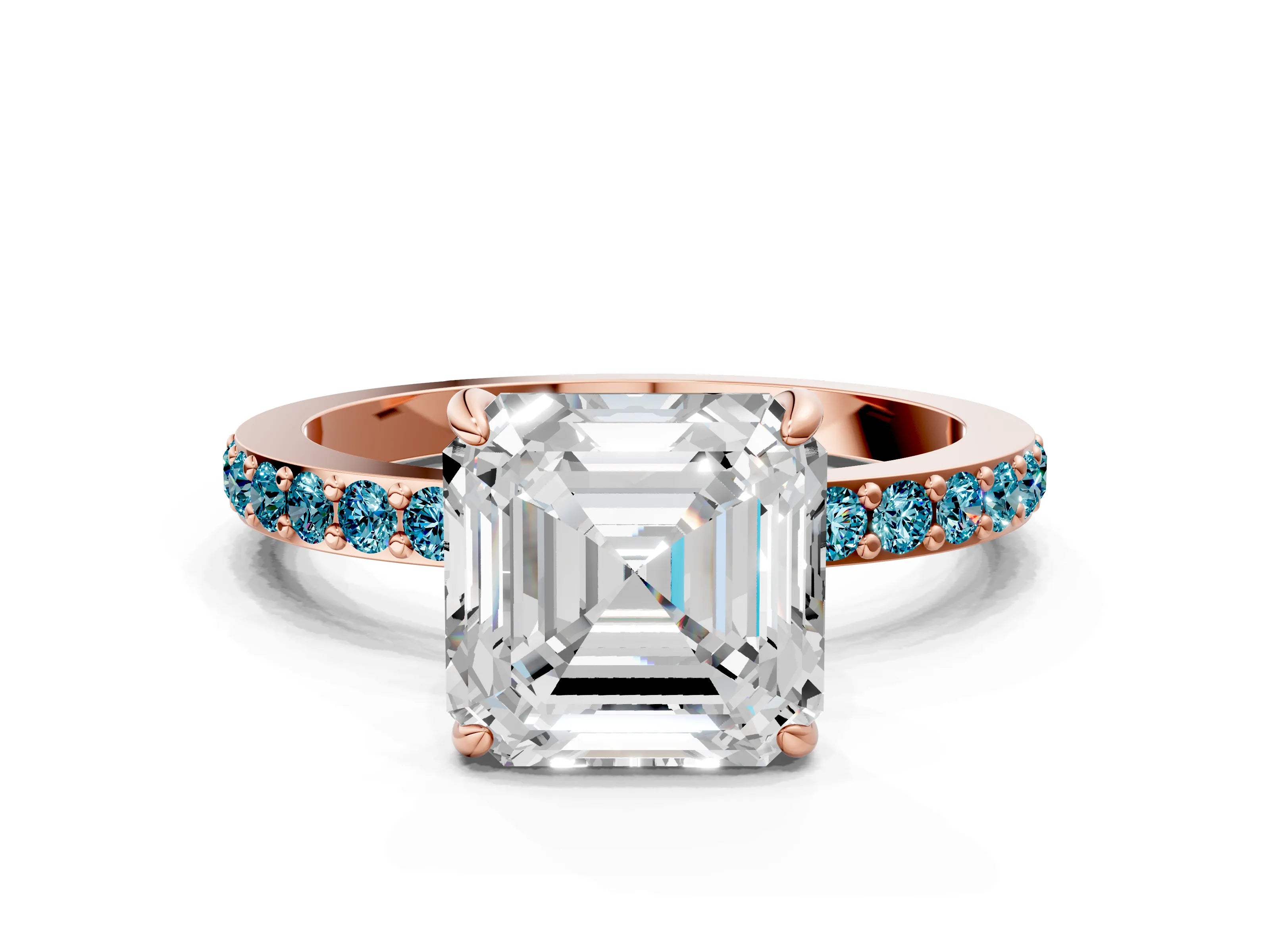 Rose gold Asscher Cut Diamond Pavé Engagement Ring with Round with Blue Topaz side stone Accents and Prong Setting
