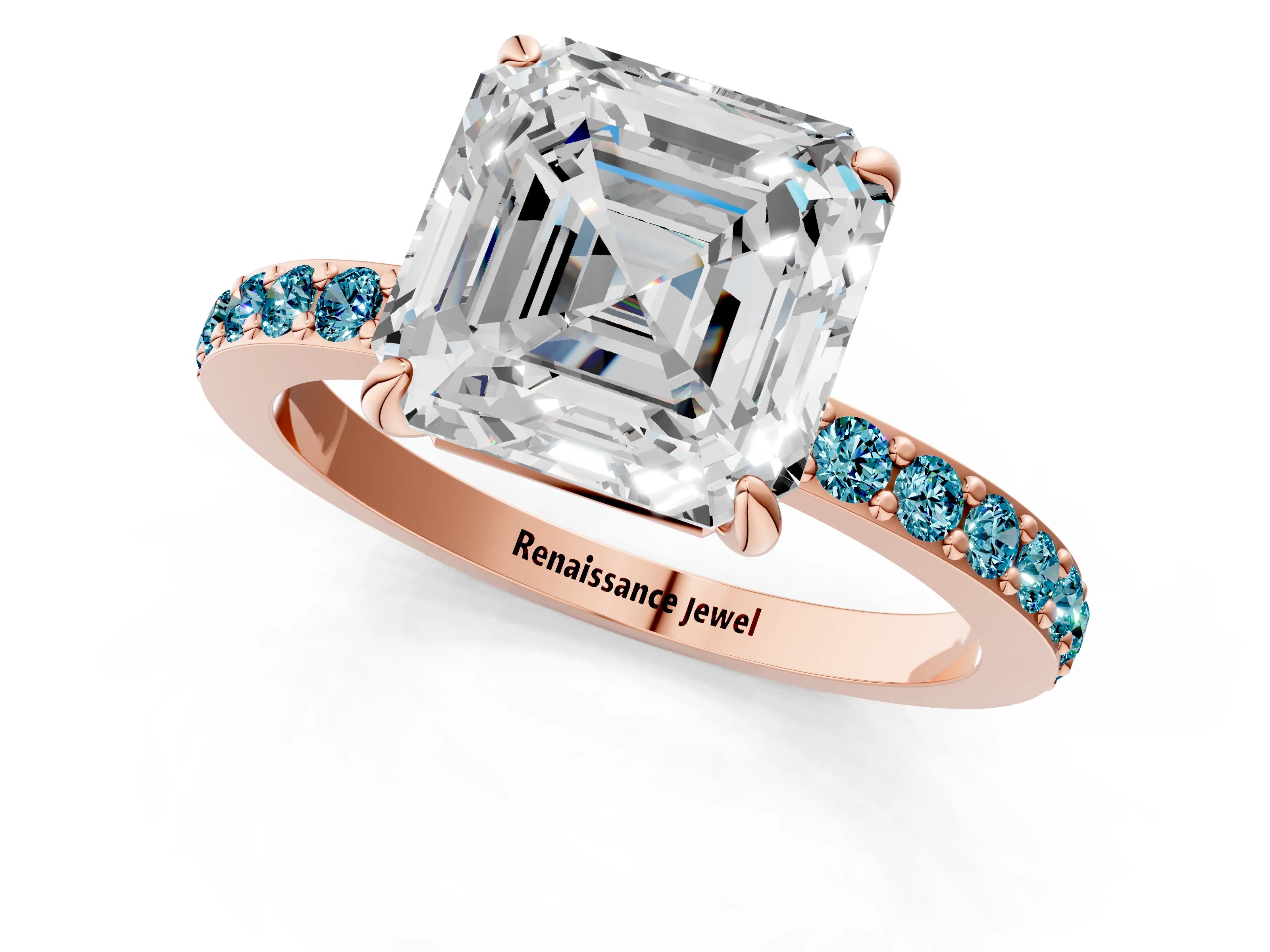 Rose gold Asscher Cut Diamond Pavé Engagement Ring with Round with Blue Topaz side stone Accents and Prong Setting_1