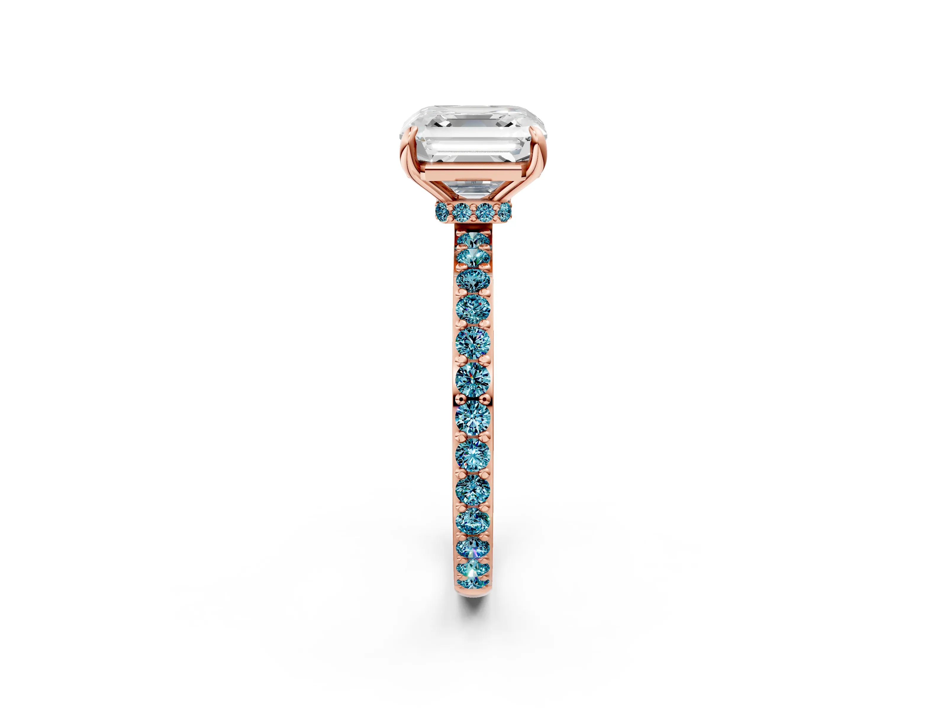 Rose gold Asscher Cut Diamond Pavé Engagement Ring with Round with Blue Topaz side stone Accents and Prong Setting_2