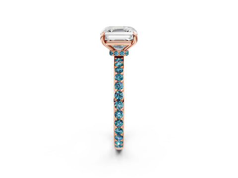 Rose gold Asscher Cut Diamond Pavé Engagement Ring with Round with Blue Topaz side stone Accents and Prong Setting_2