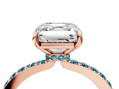 Rose gold Asscher Cut Diamond Pavé Engagement Ring with Round with Blue Topaz side stone Accents and Prong Setting_4