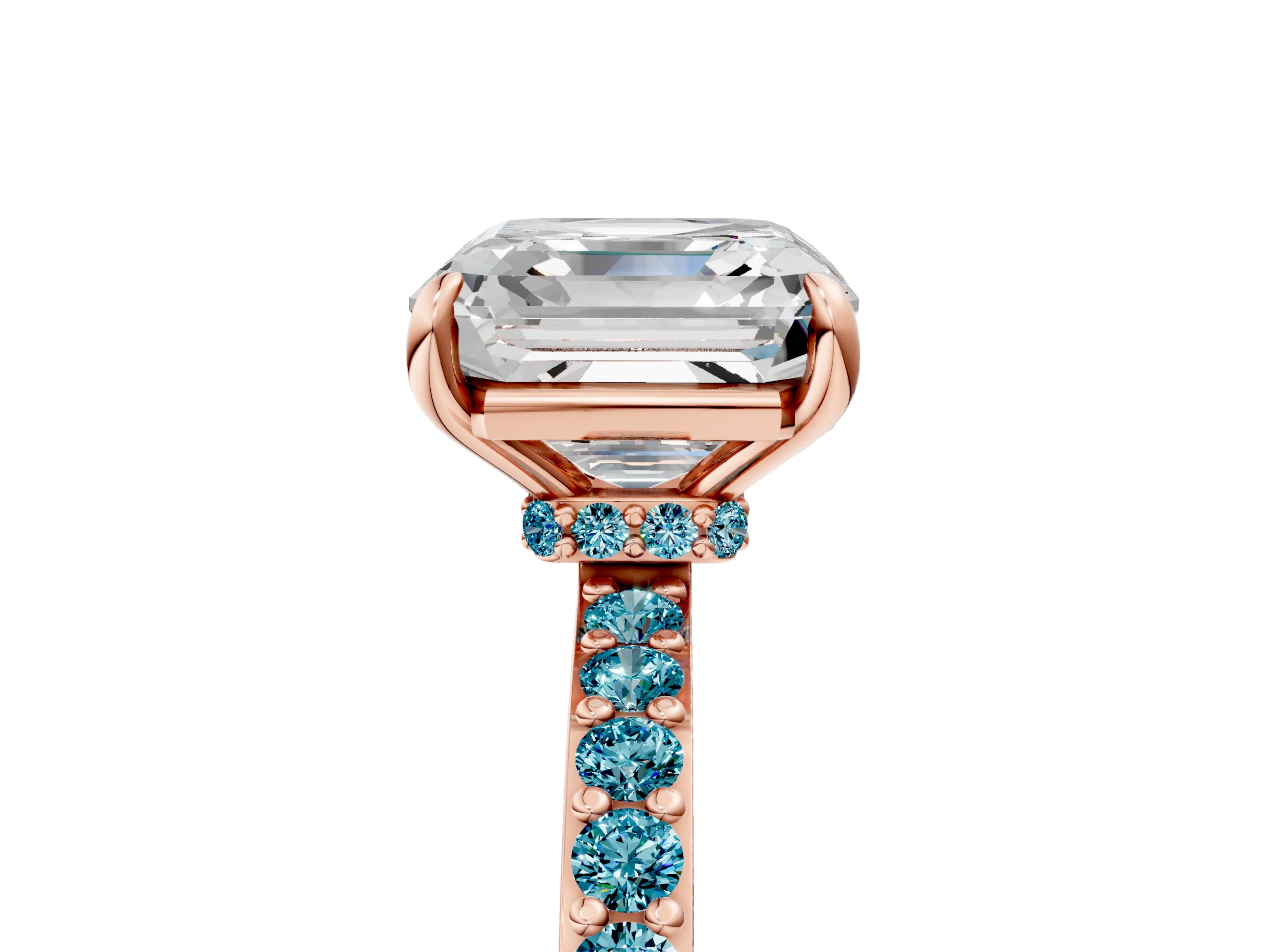 Rose gold Asscher Cut Diamond Pavé Engagement Ring with Round with Blue Topaz side stone Accents and Prong Setting_5