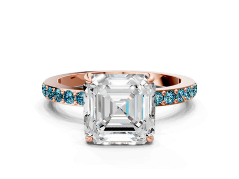 Rose gold Asscher Cut Diamond Pavé Engagement Ring with Round with Blue Topaz side stone Accents and Prong Setting