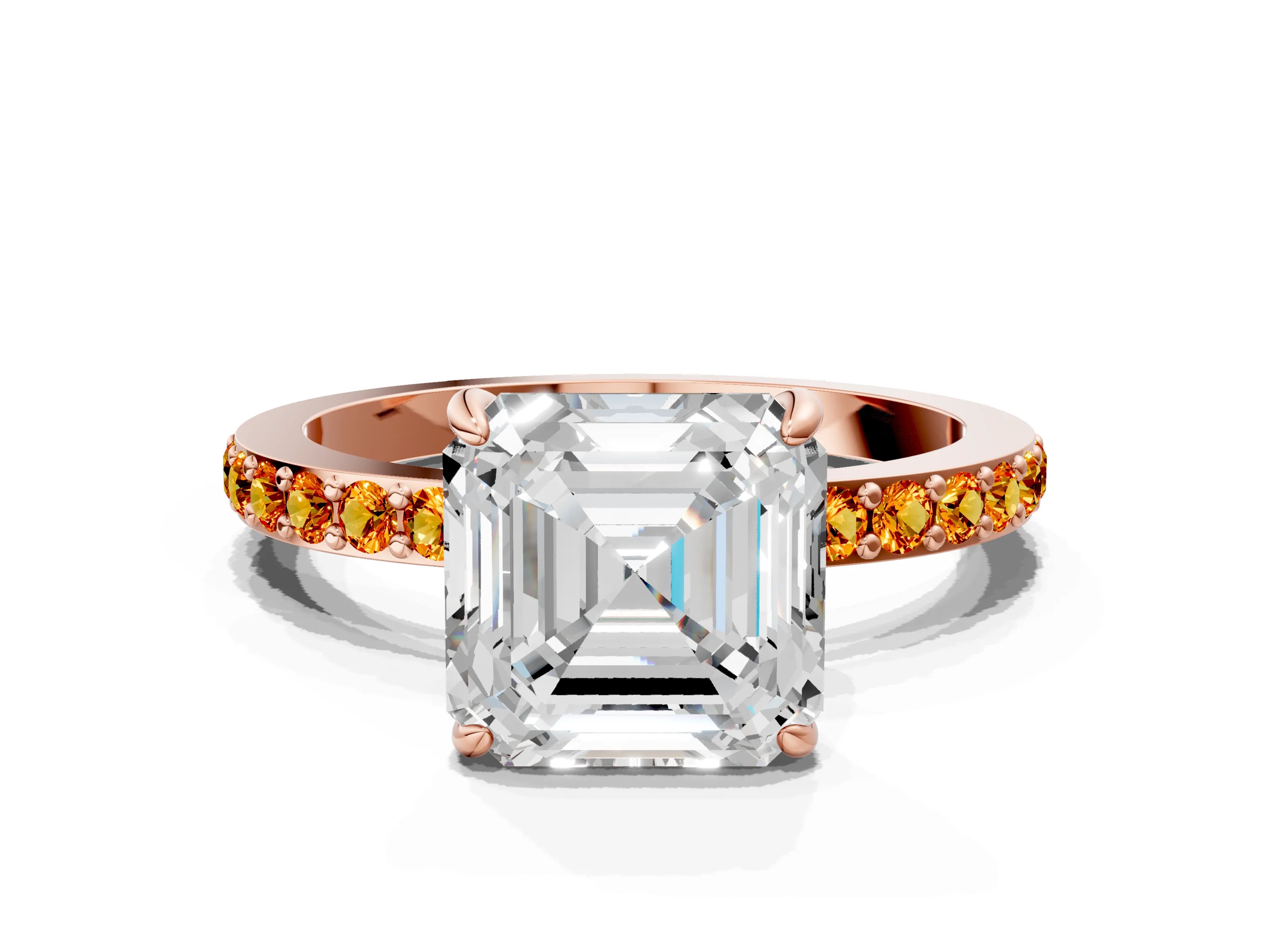 Rose gold Asscher Cut Diamond Pavé Engagement Ring with Round with Citrine side stone Accents and Prong Setting
