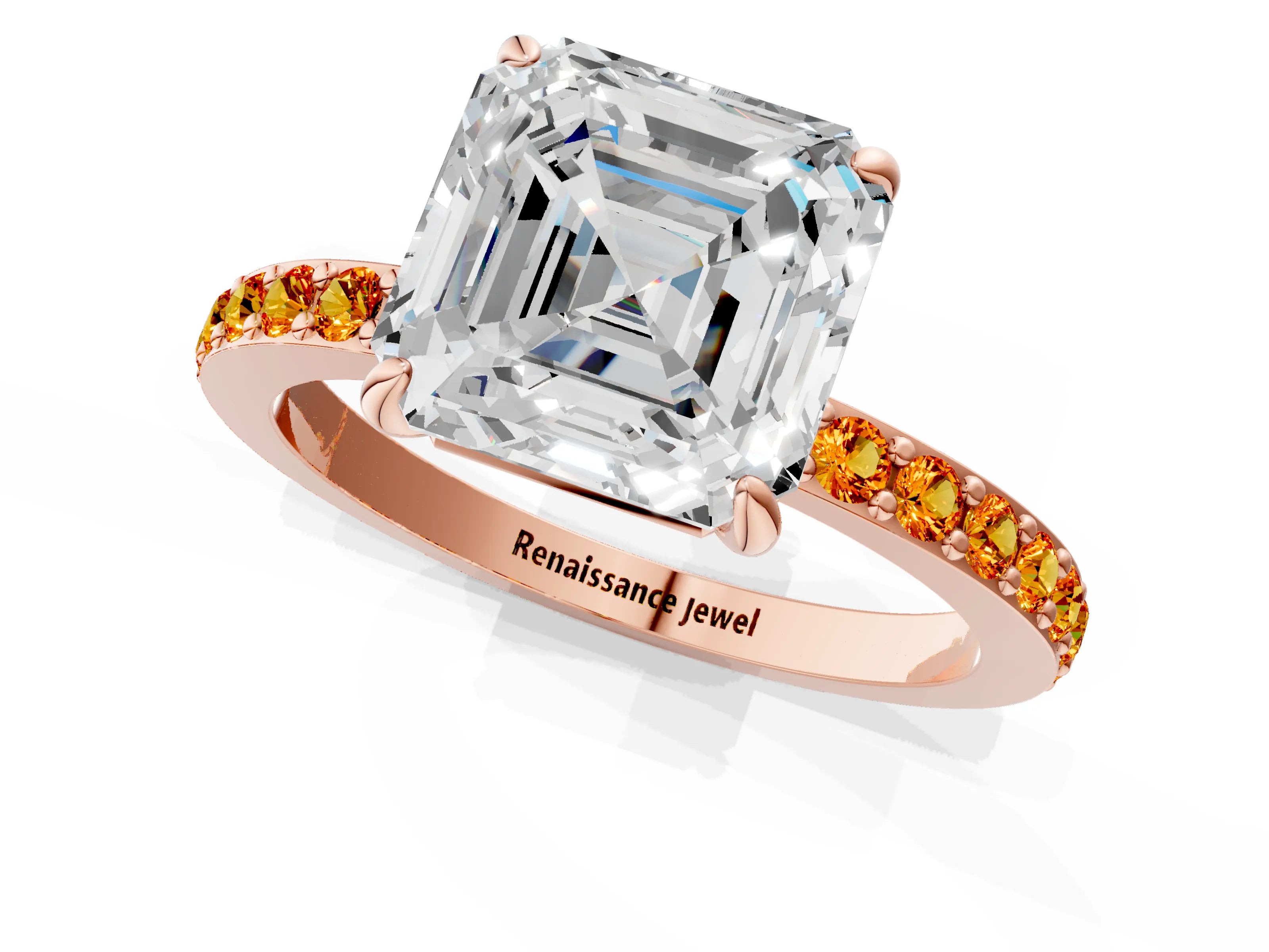 Rose gold Asscher Cut Diamond Pavé Engagement Ring with Round with Citrine side stone Accents and Prong Setting_1