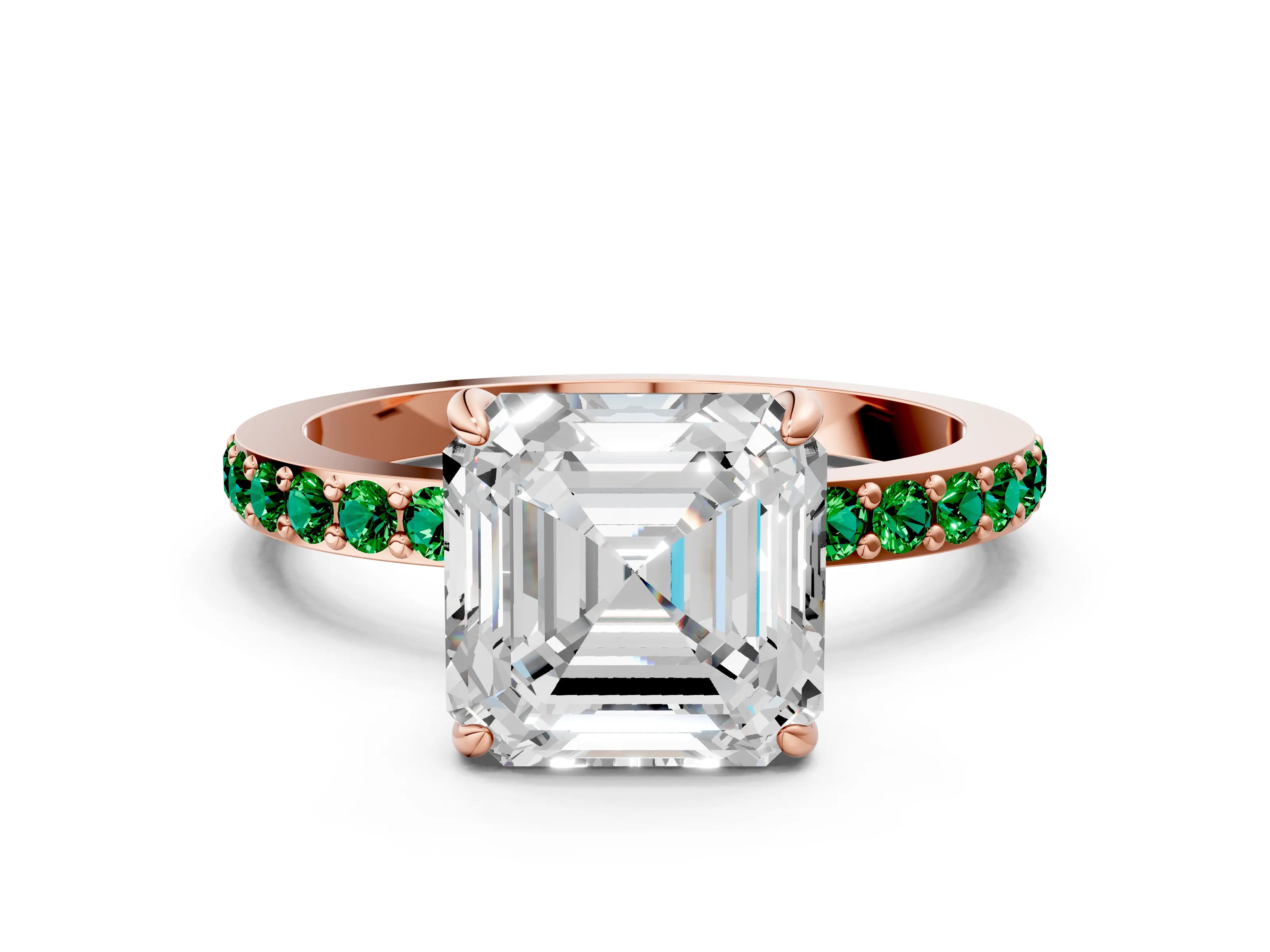 Rose gold Asscher Cut Diamond Pavé Engagement Ring with Round with Emerald side stone Accents and Prong Setting