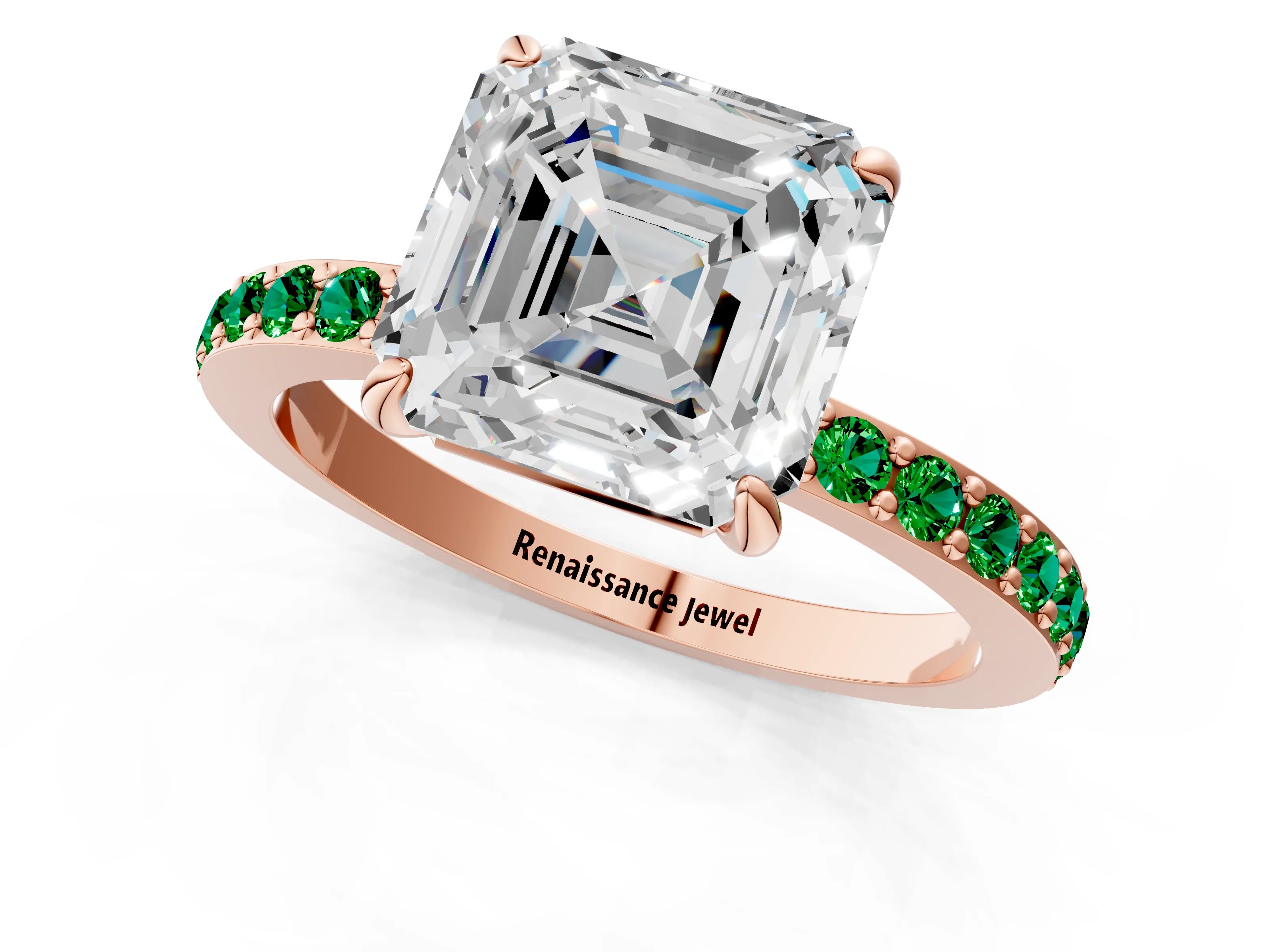 Rose gold Asscher Cut Diamond Pavé Engagement Ring with Round with Emerald side stone Accents and Prong Setting_1