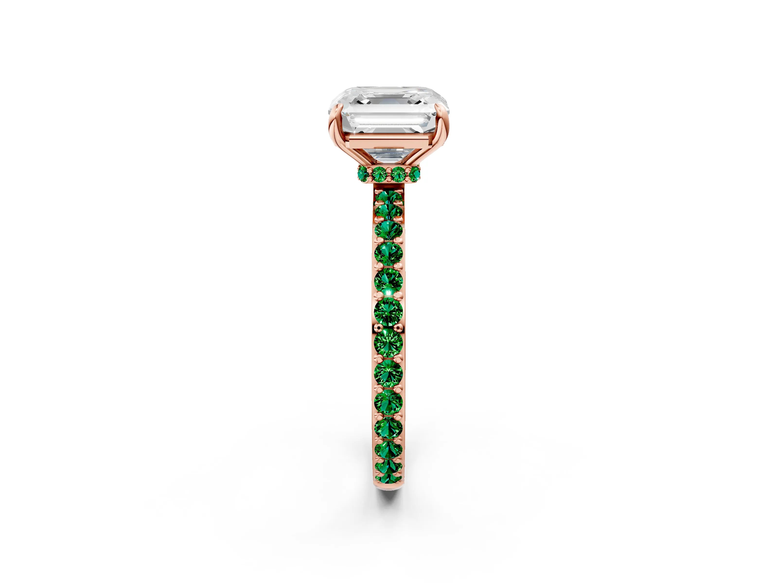 Rose gold Asscher Cut Diamond Pavé Engagement Ring with Round with Emerald side stone Accents and Prong Setting_2