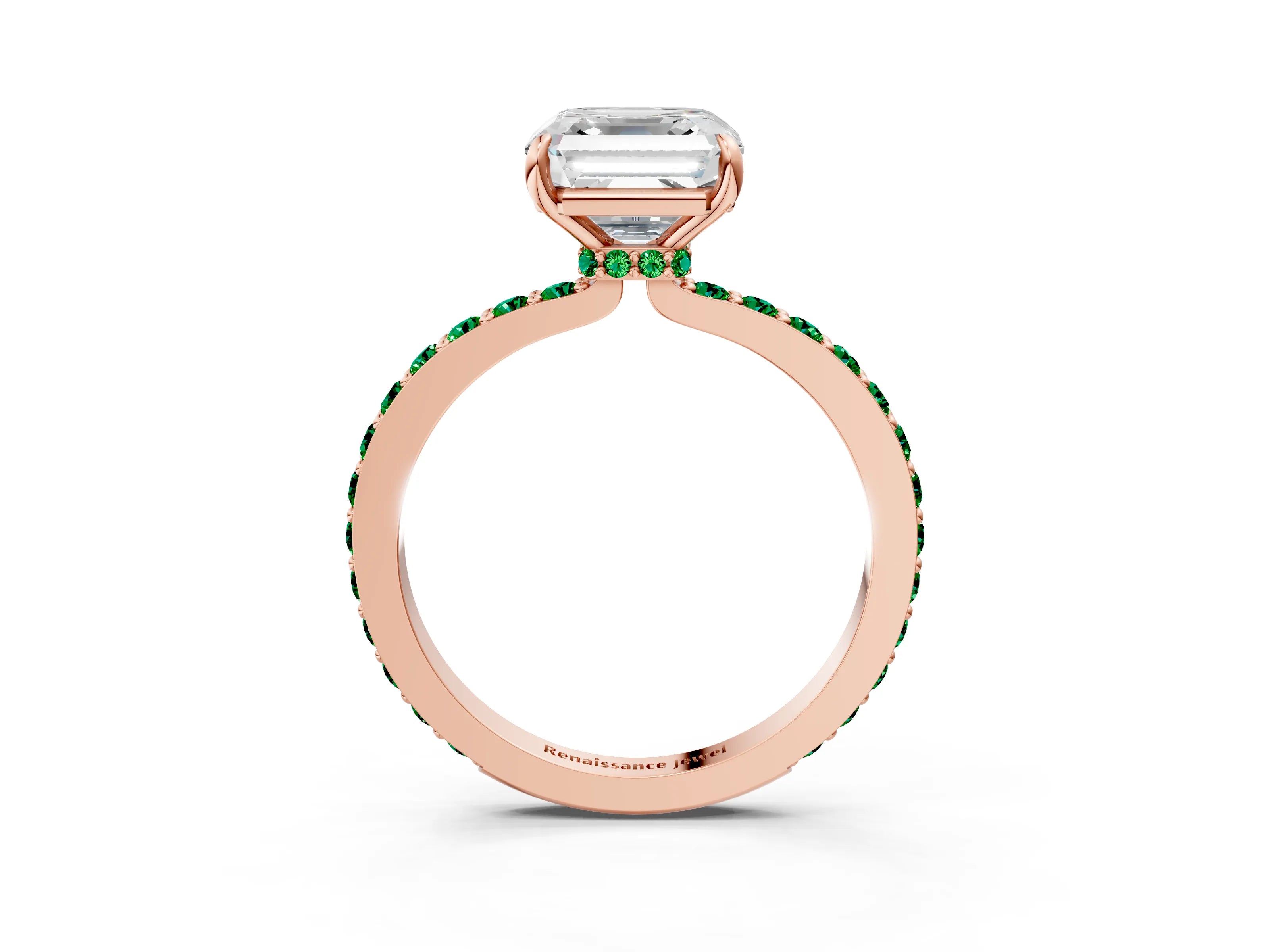 Rose gold Asscher Cut Diamond Pavé Engagement Ring with Round with Emerald side stone Accents and Prong Setting_3