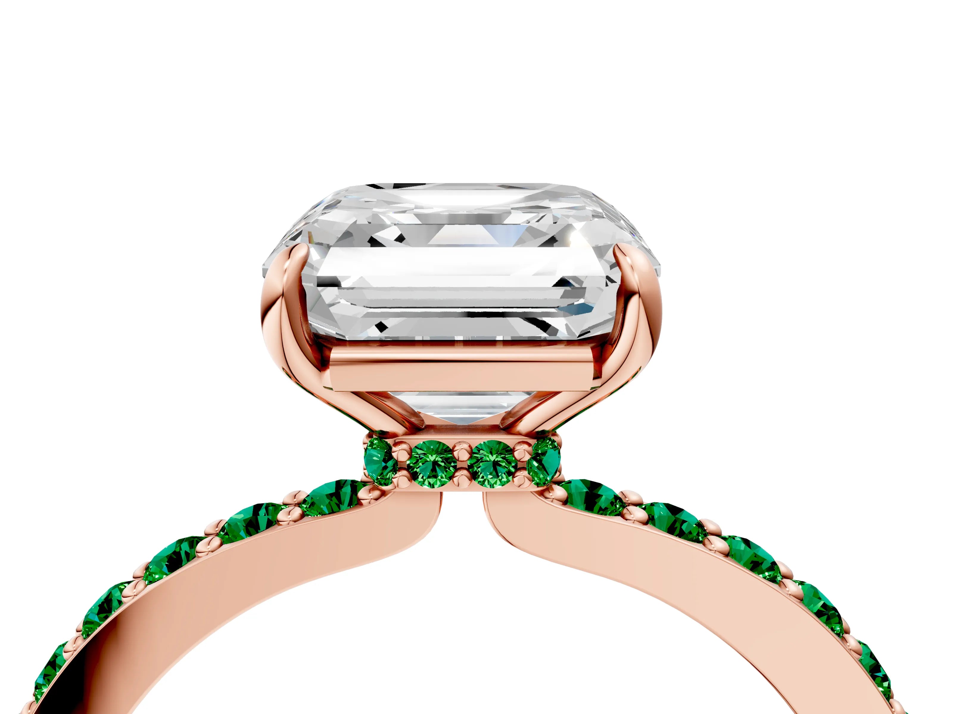 Rose gold Asscher Cut Diamond Pavé Engagement Ring with Round with Emerald side stone Accents and Prong Setting_4