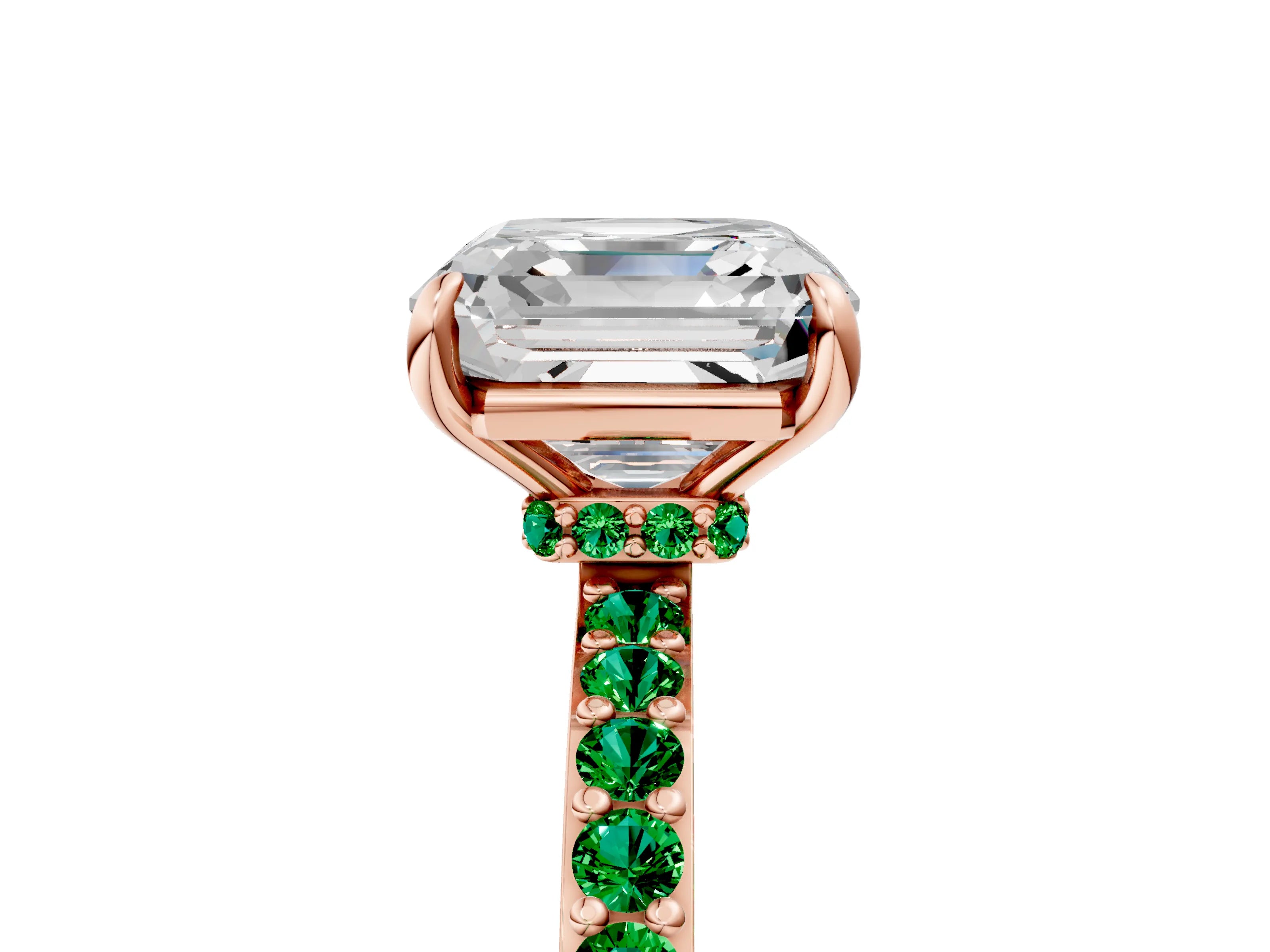 Rose gold Asscher Cut Diamond Pavé Engagement Ring with Round with Emerald side stone Accents and Prong Setting_5