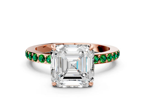 Rose gold Asscher Cut Diamond Pavé Engagement Ring with Round with Emerald side stone Accents and Prong Setting