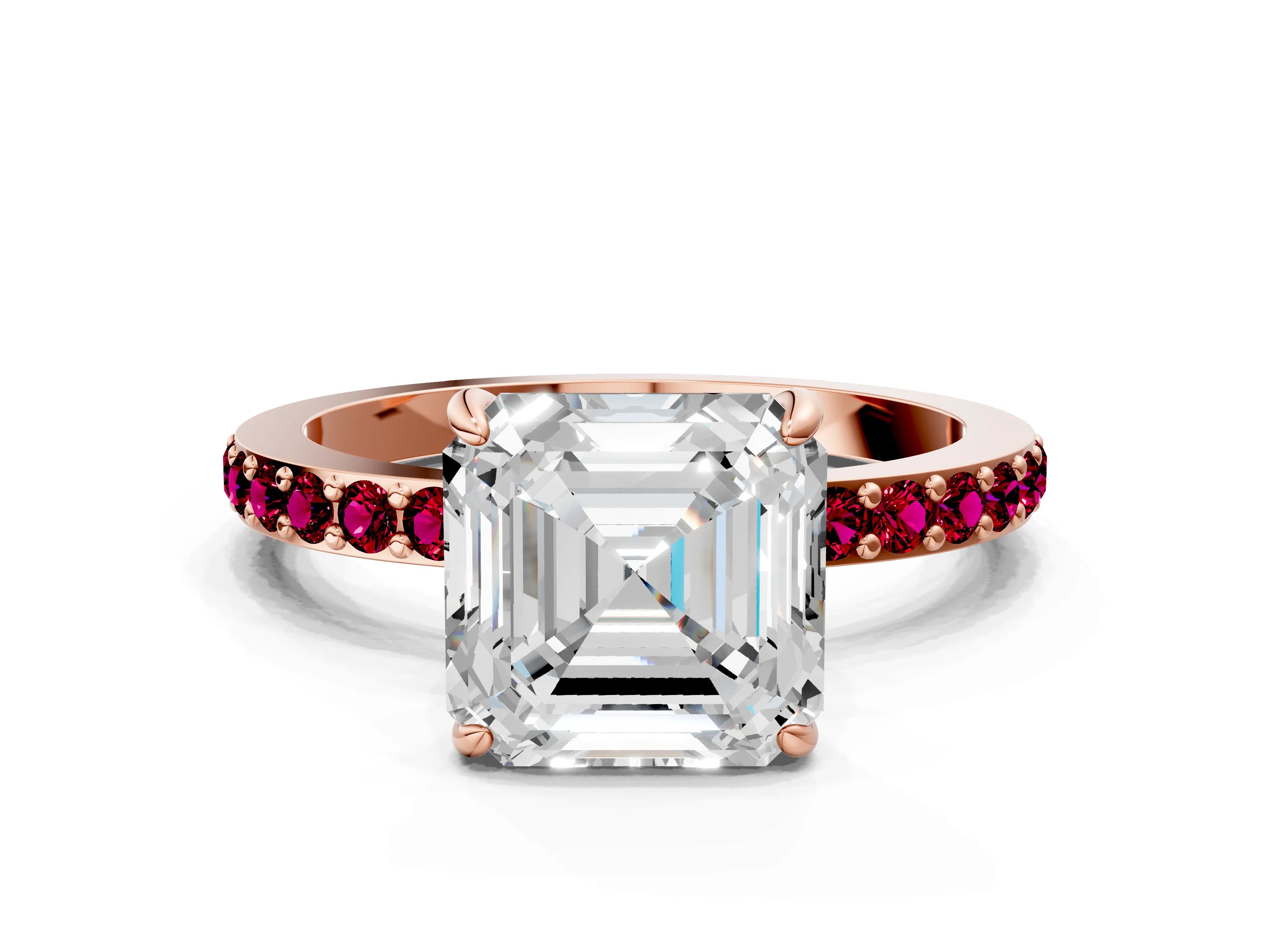 Rose gold Asscher Cut Diamond Pavé Engagement Ring with Round with Garnet side stone Accents and Prong Setting