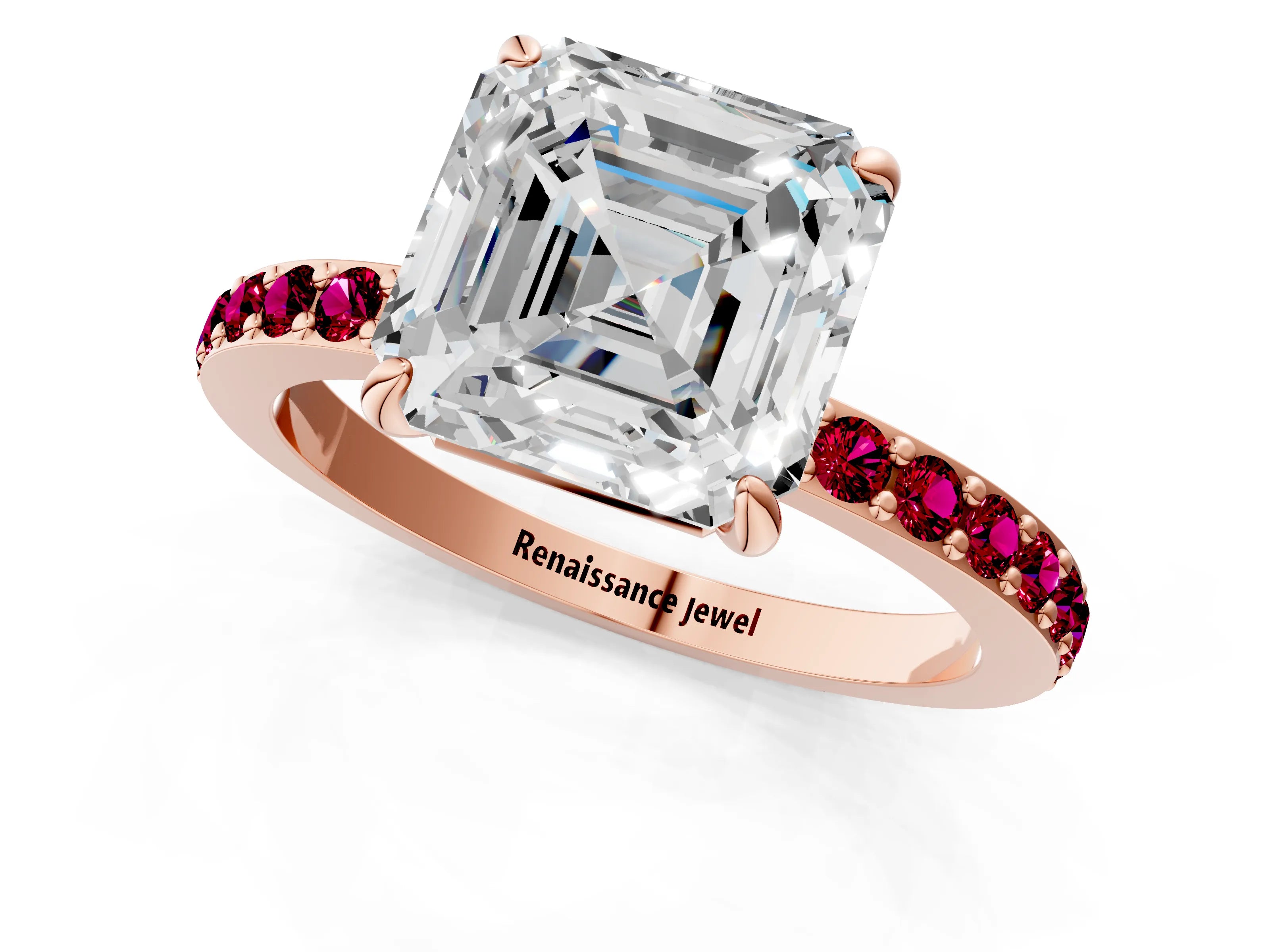 Rose gold Asscher Cut Diamond Pavé Engagement Ring with Round with Garnet side stone Accents and Prong Setting_1