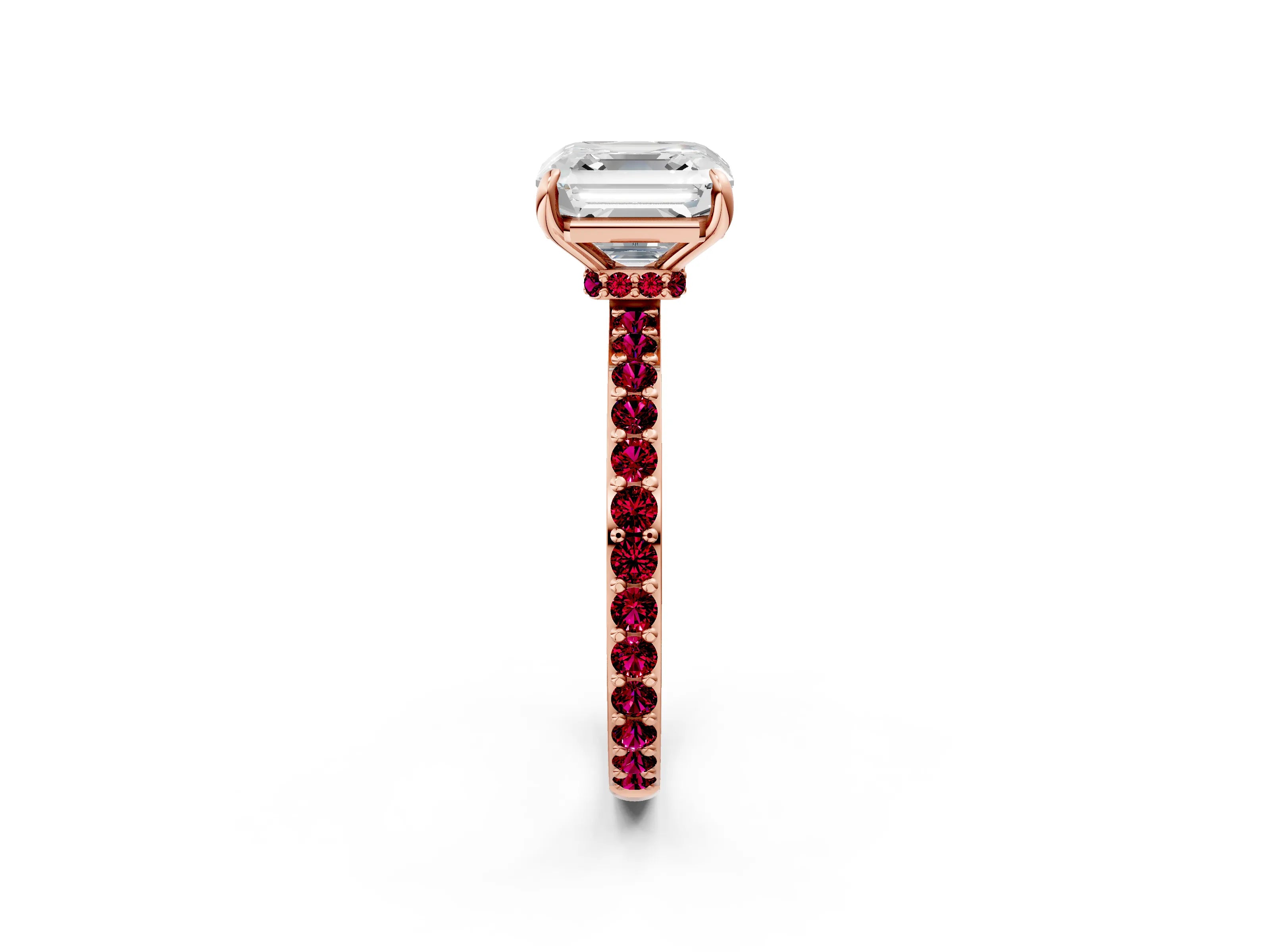 Rose gold Asscher Cut Diamond Pavé Engagement Ring with Round with Garnet side stone Accents and Prong Setting_2