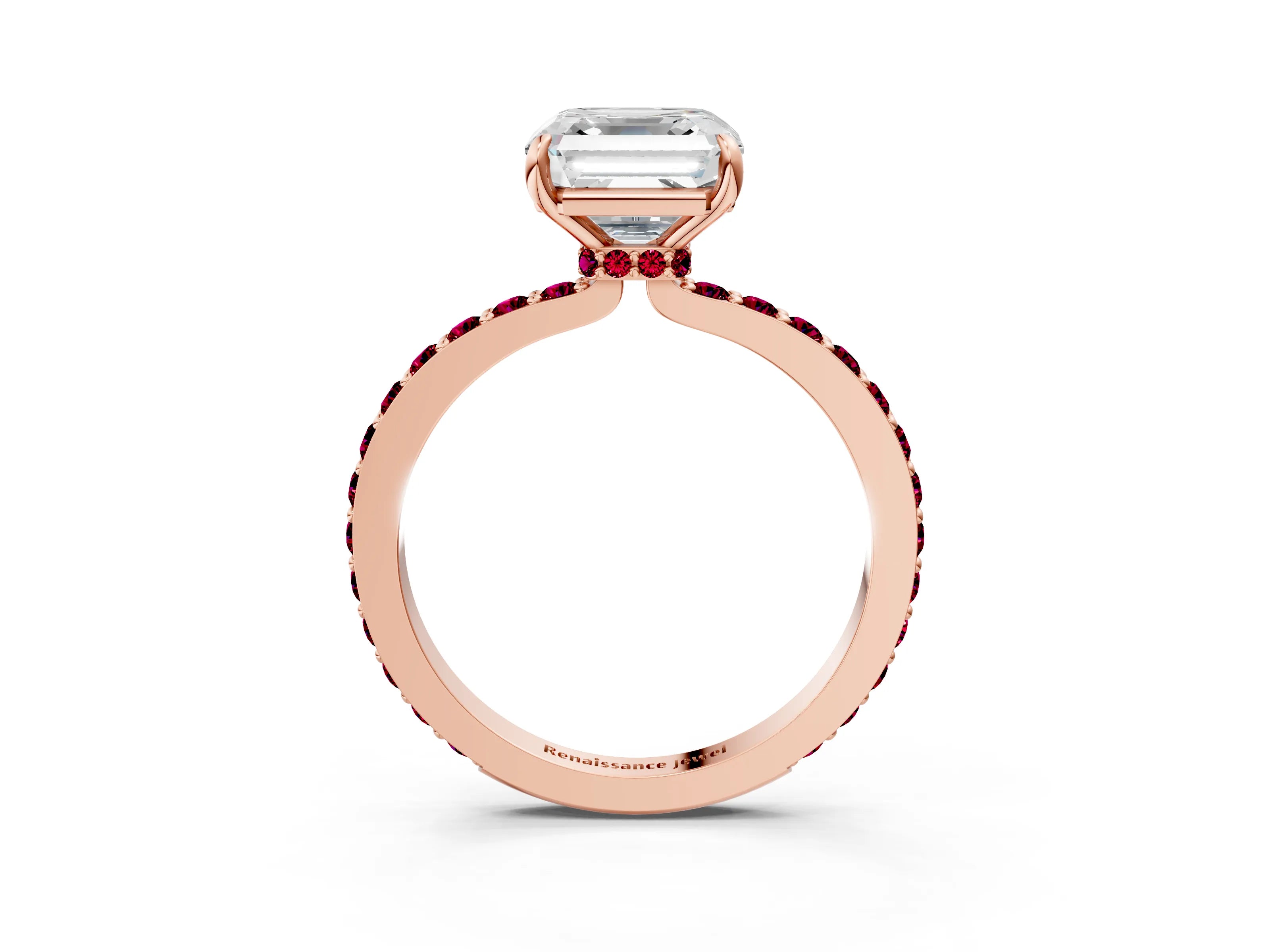 Rose gold Asscher Cut Diamond Pavé Engagement Ring with Round with Garnet side stone Accents and Prong Setting_3
