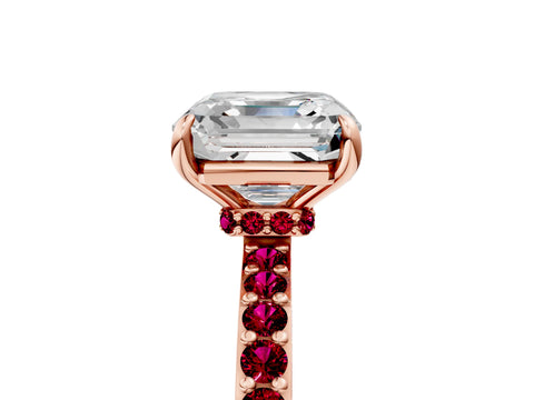 Rose gold Asscher Cut Diamond Pavé Engagement Ring with Round with Garnet side stone Accents and Prong Setting_5